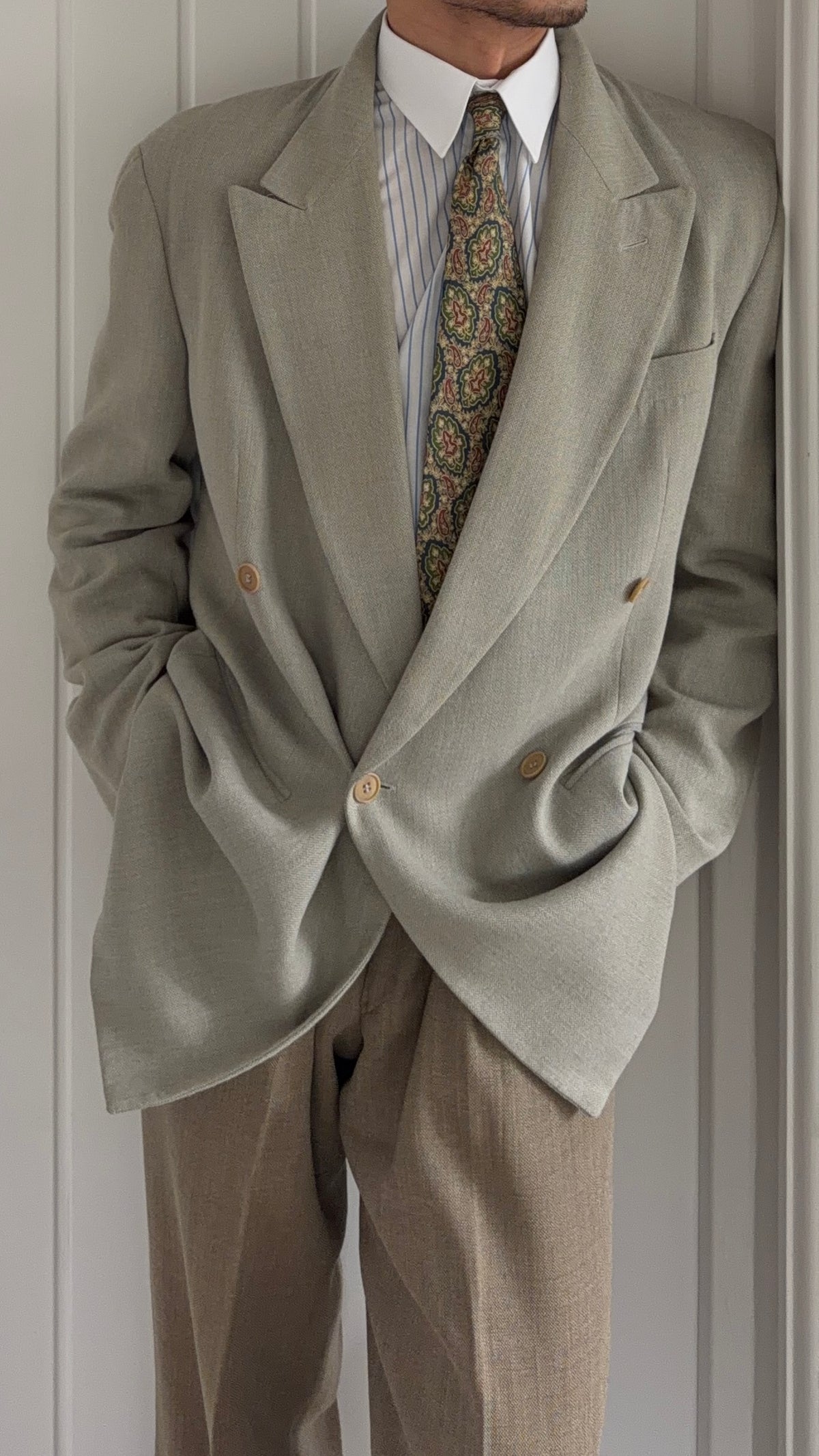 Emporio Armani 1996 Peaked Lapel Double Breasted Draped Wool Cotton Sport Jacket Blazer - Size M
