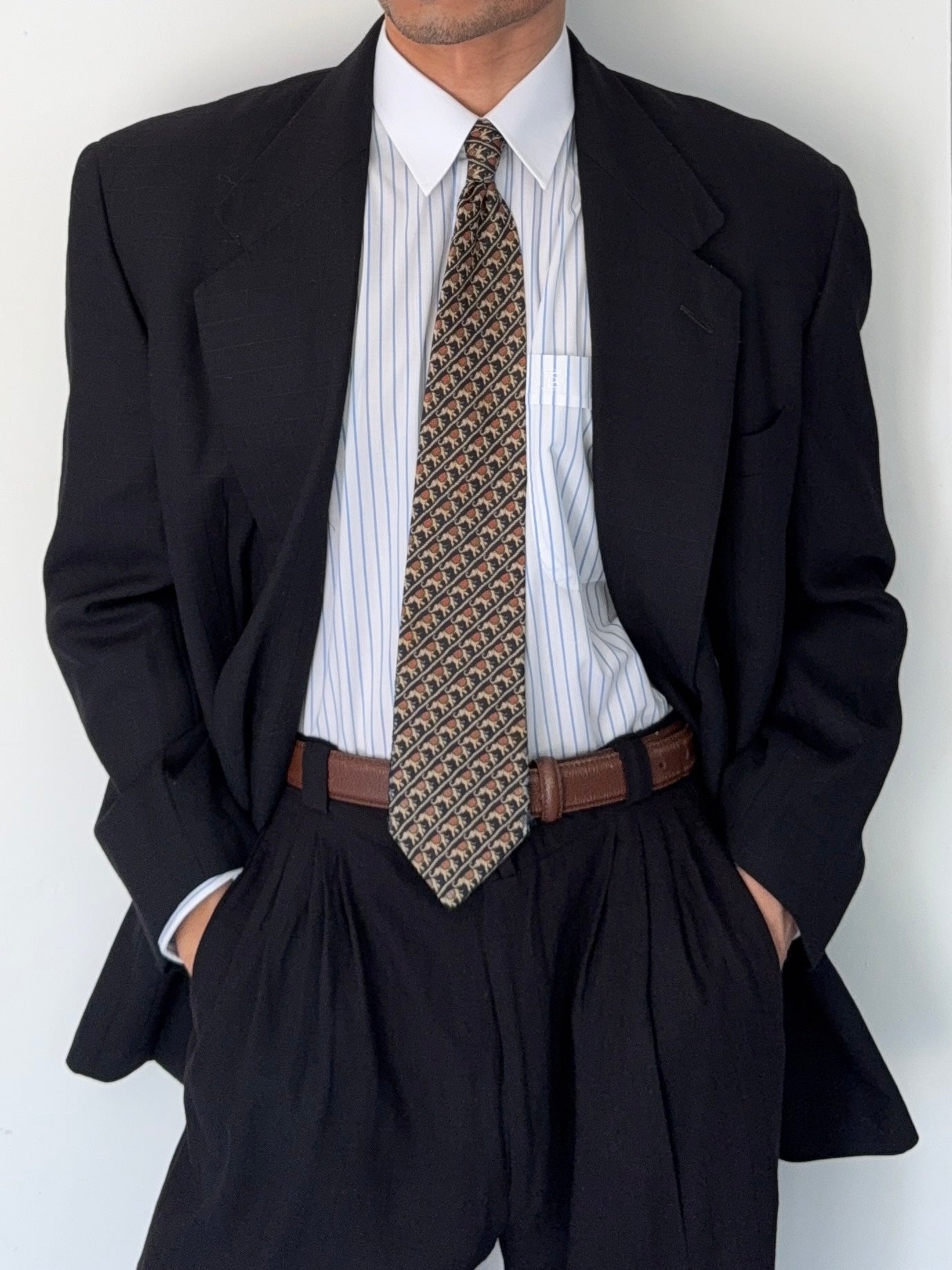 Versace 1980s Notch Lapel Double Breasted Wool Pleated Black Textured Suit - Size M Jacket / 30" Waist