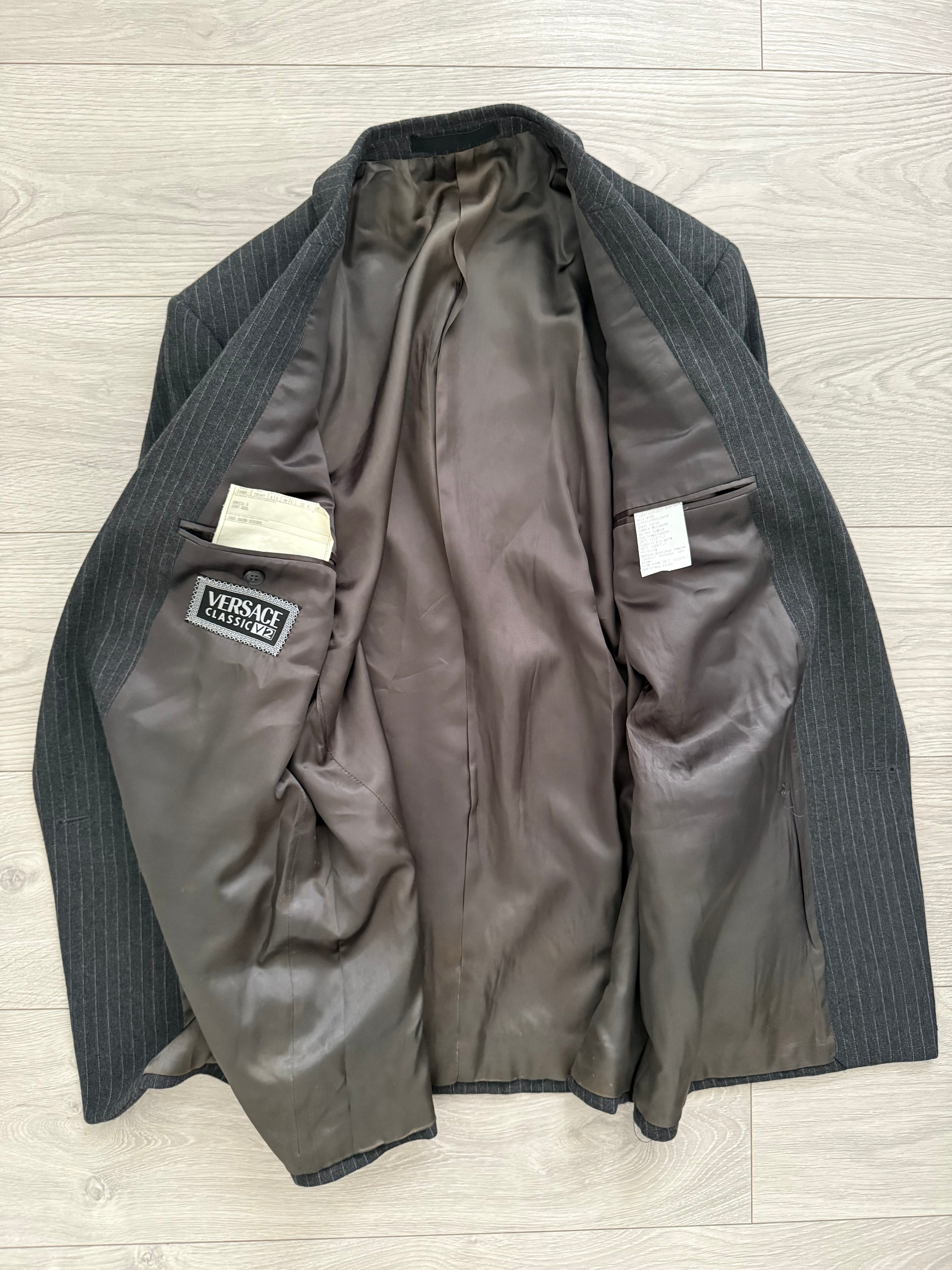 Versace 1980s Notch Lapel Double Breasted Pleated Wool Pinstriped Suit Grey - Size M Jacket / 32" Waist