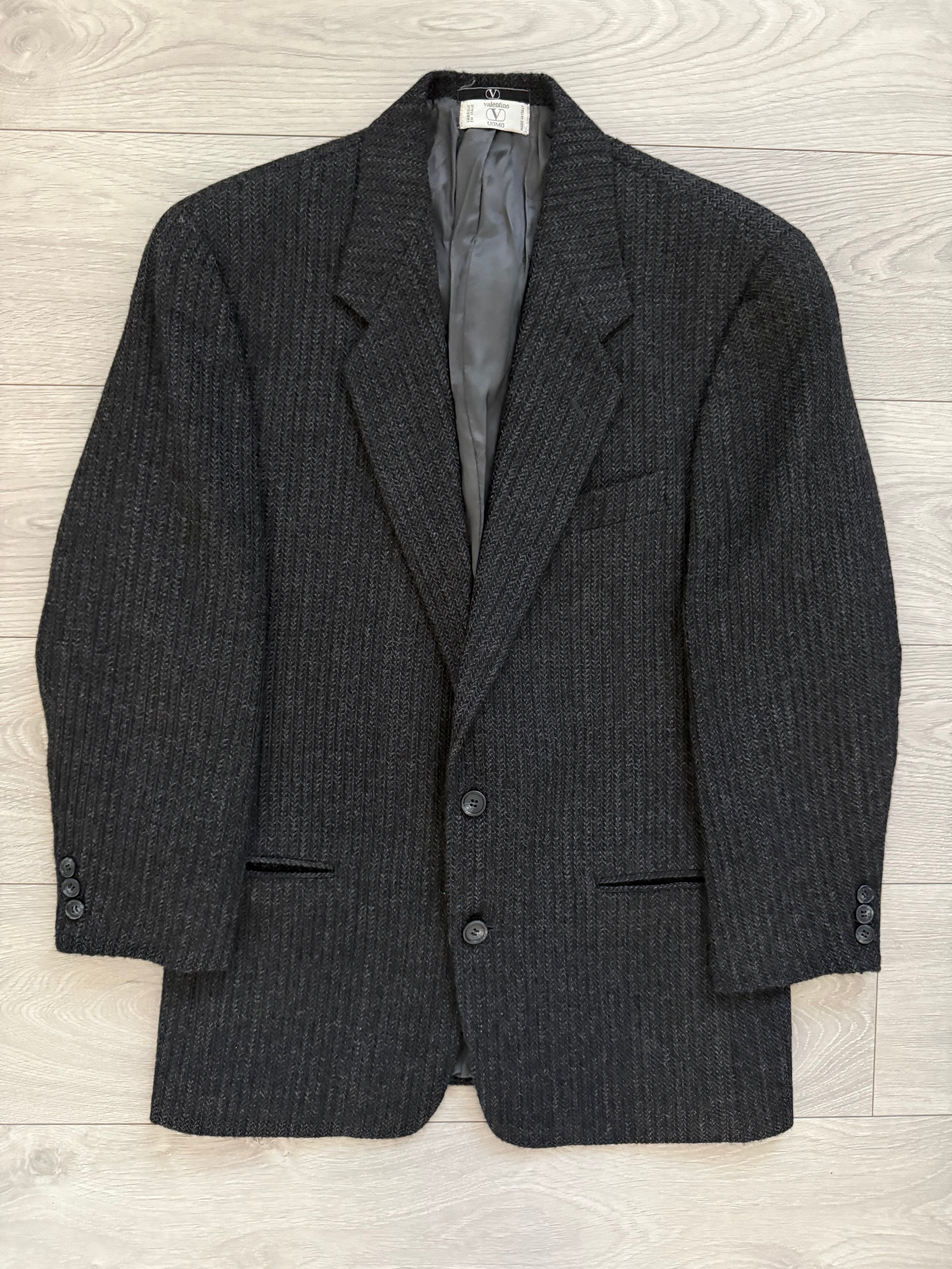 Valentino 1980s 2B Textured Wool Sports Jacket Blazer Charcoal Grey - Size S