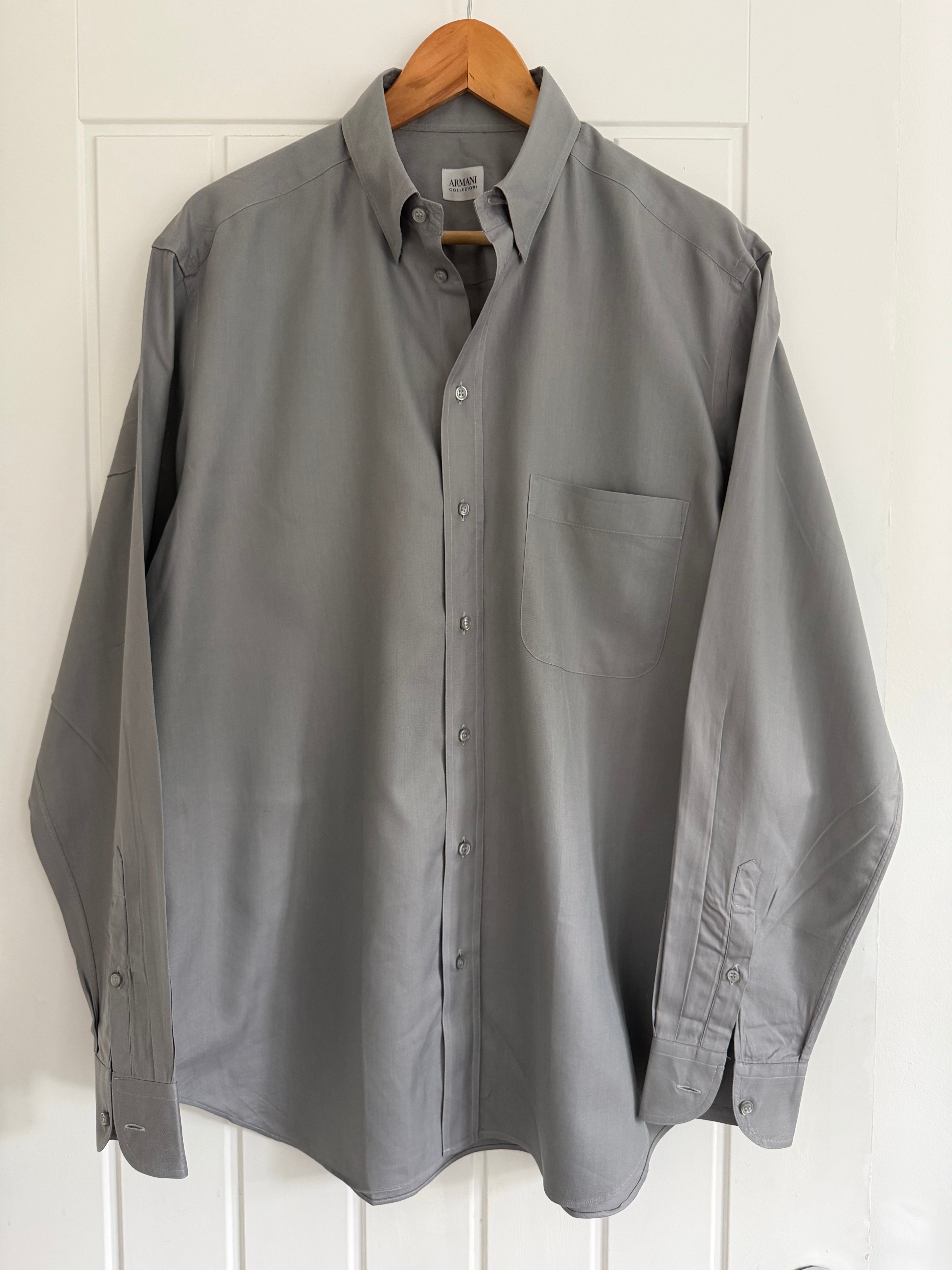 Armani 1990s Herringbone Grey Cotton Shirt - Size L