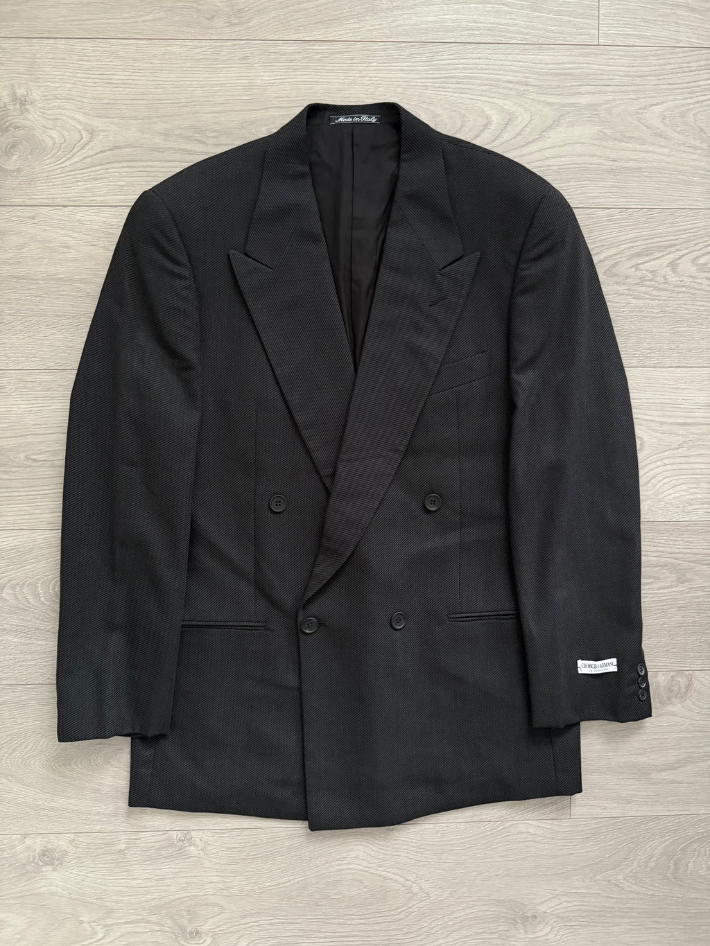 Giorgio Armani 1980s Double Breasted Pleated Wool Suit Charcoal Grey New - Size L Jacket / 32" Waist