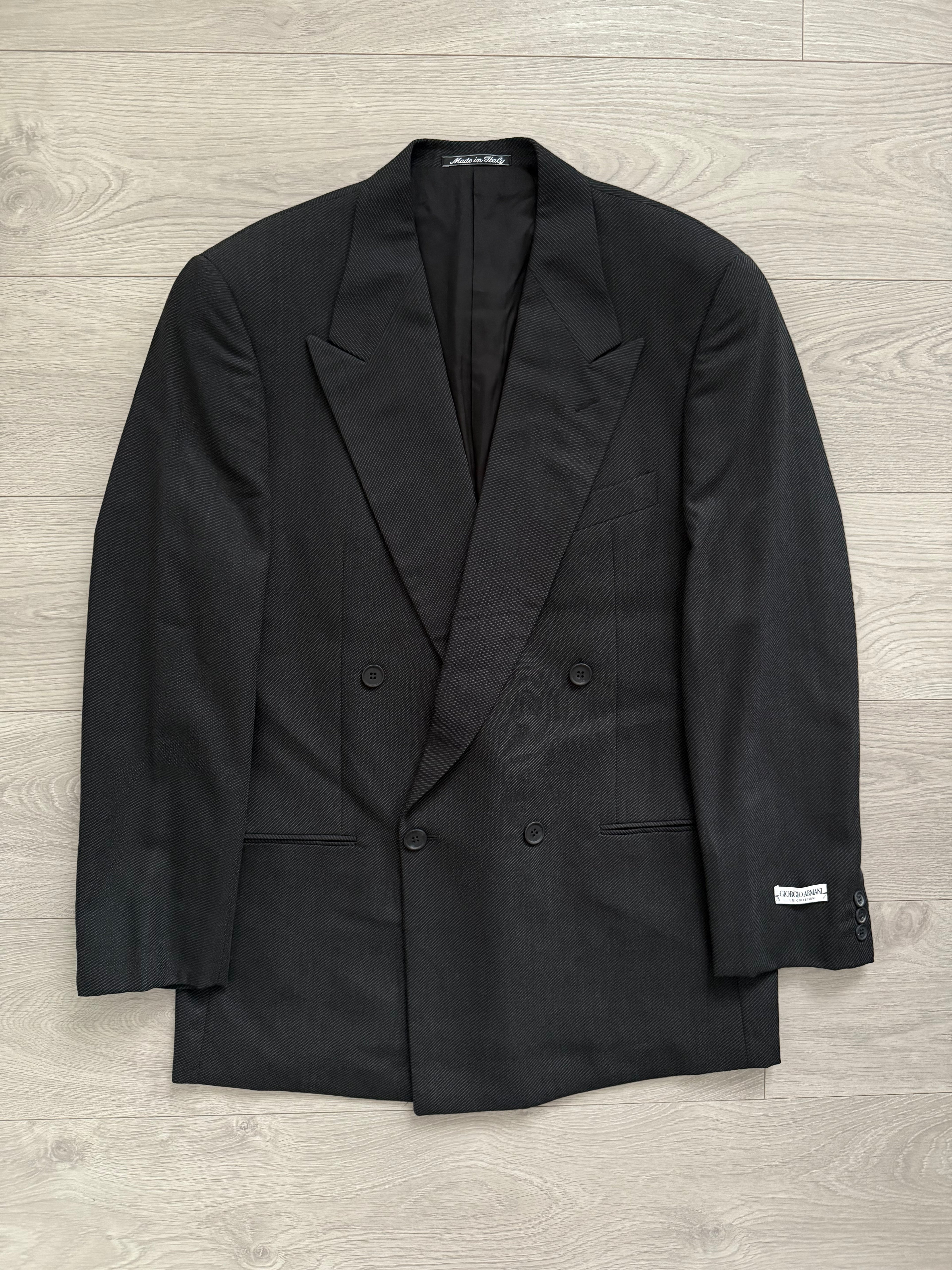 Giorgio Armani 1980s Double Breasted Pleated Wool Suit Charcoal Grey New - Size L Jacket / 32" Waist