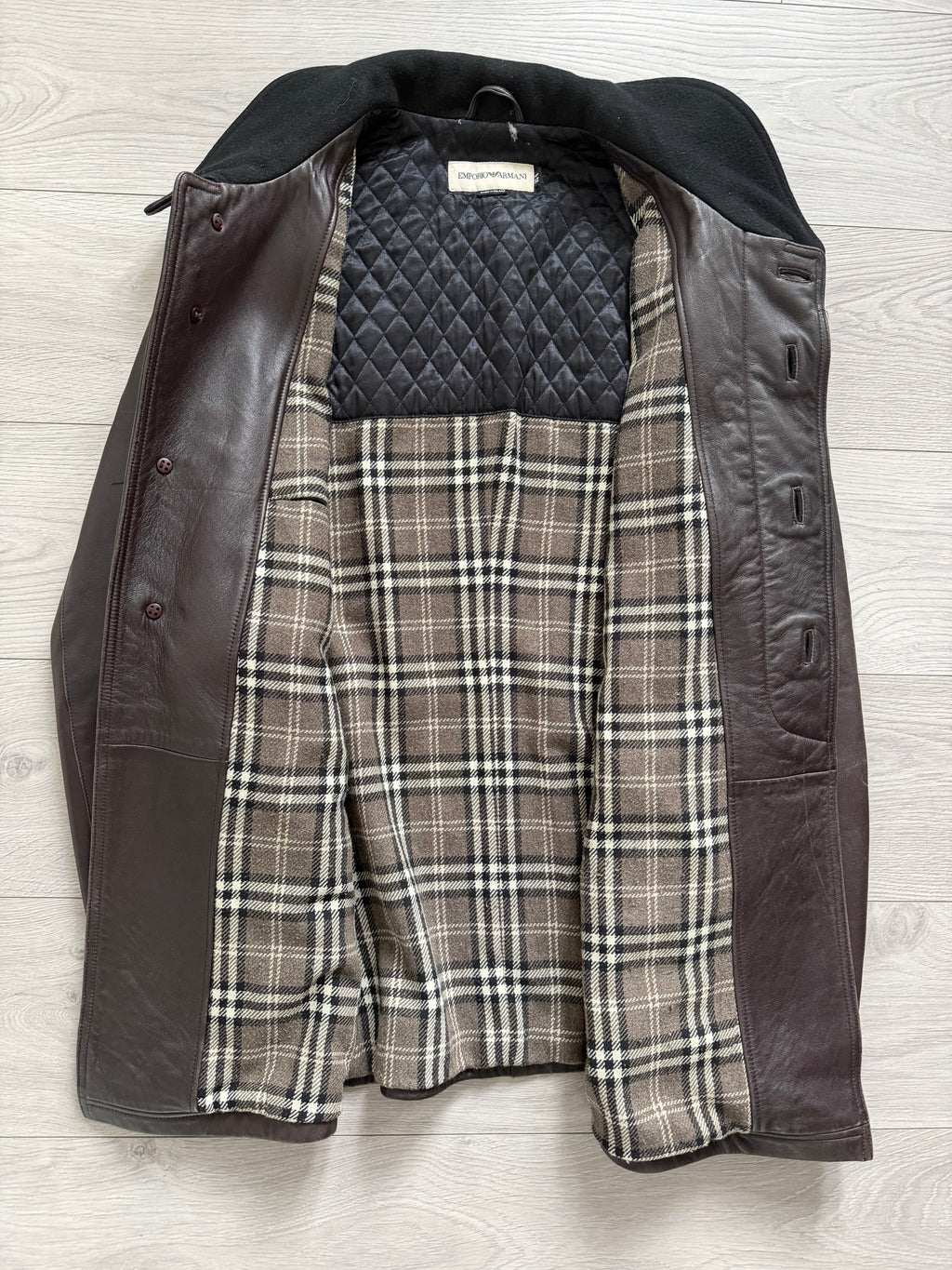 Emporio Armani 1990s Quilt Lined Brown Leather Jacket - Size XL