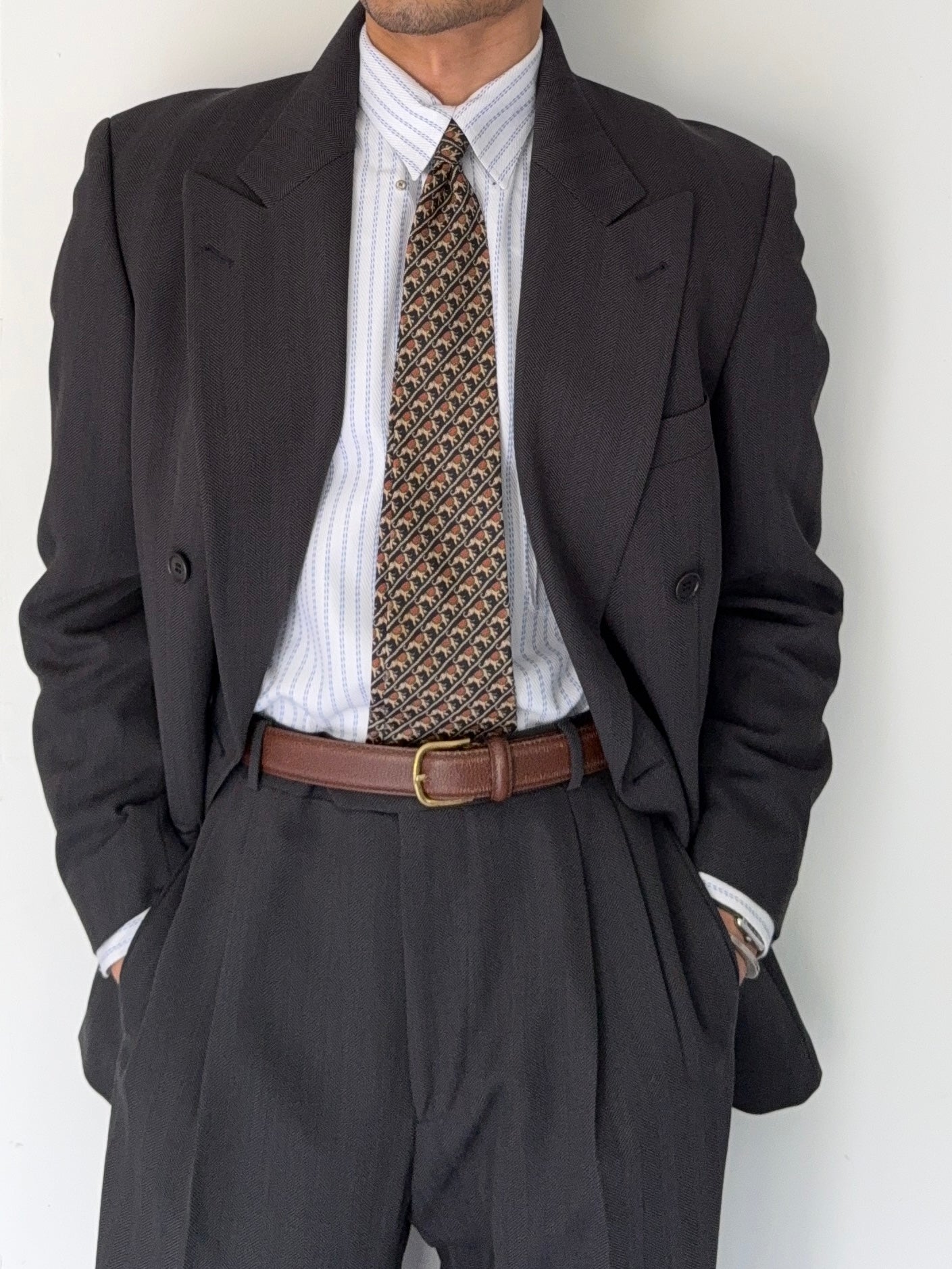 Hugo Boss 1980s 'Omega' Peaked Lapel Double Breasted Pleated Wool Herringbone Suit Grey - Size M Jacket / 32" Waist