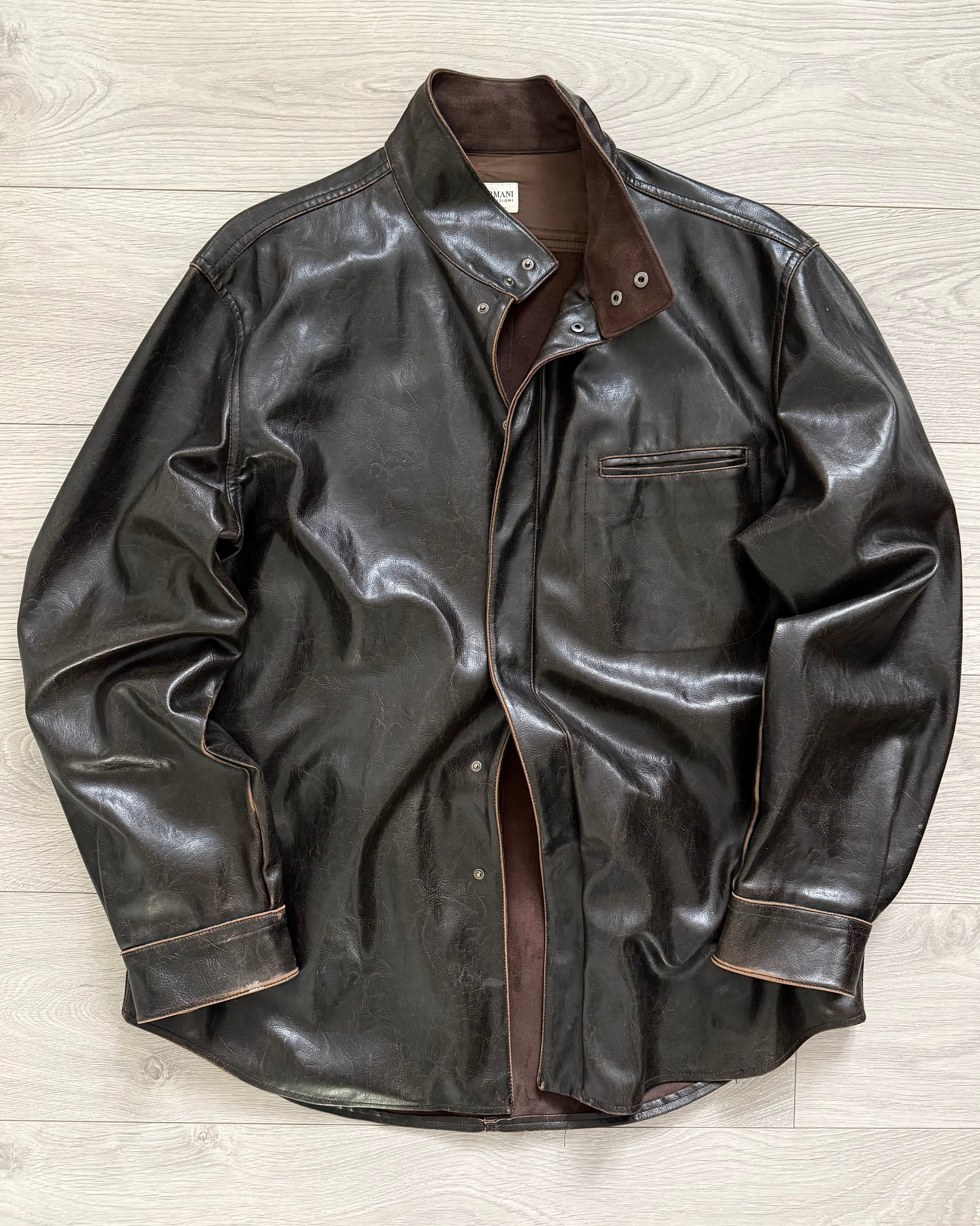 Armani 2004 Aged Leather Effect Snap-Front Jacket - Size XL