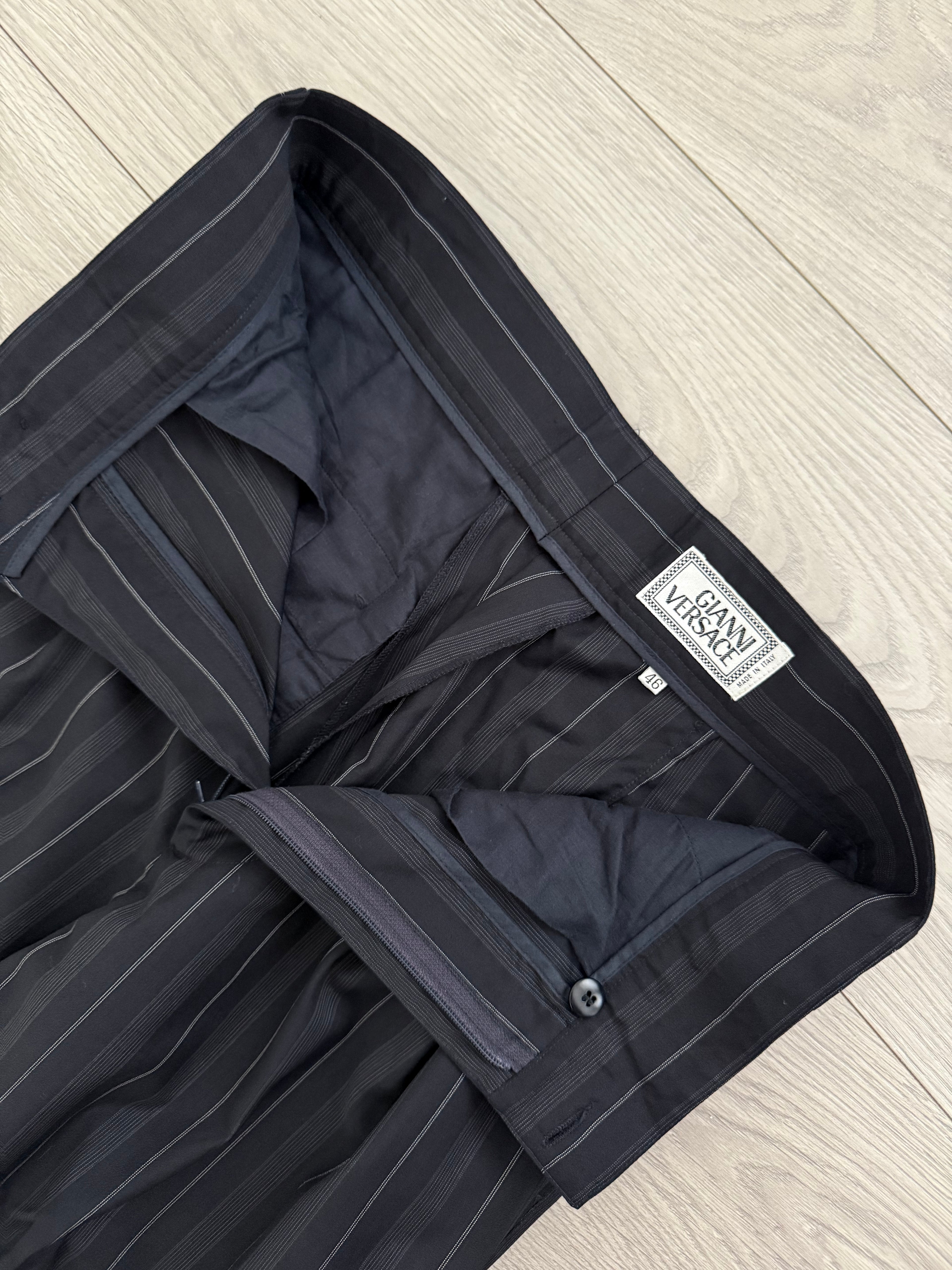Versace 1980s Metal Button Notch Lapel Double Breasted Pleated Wool Striped Suit - Size S Jacket / 29" Waist