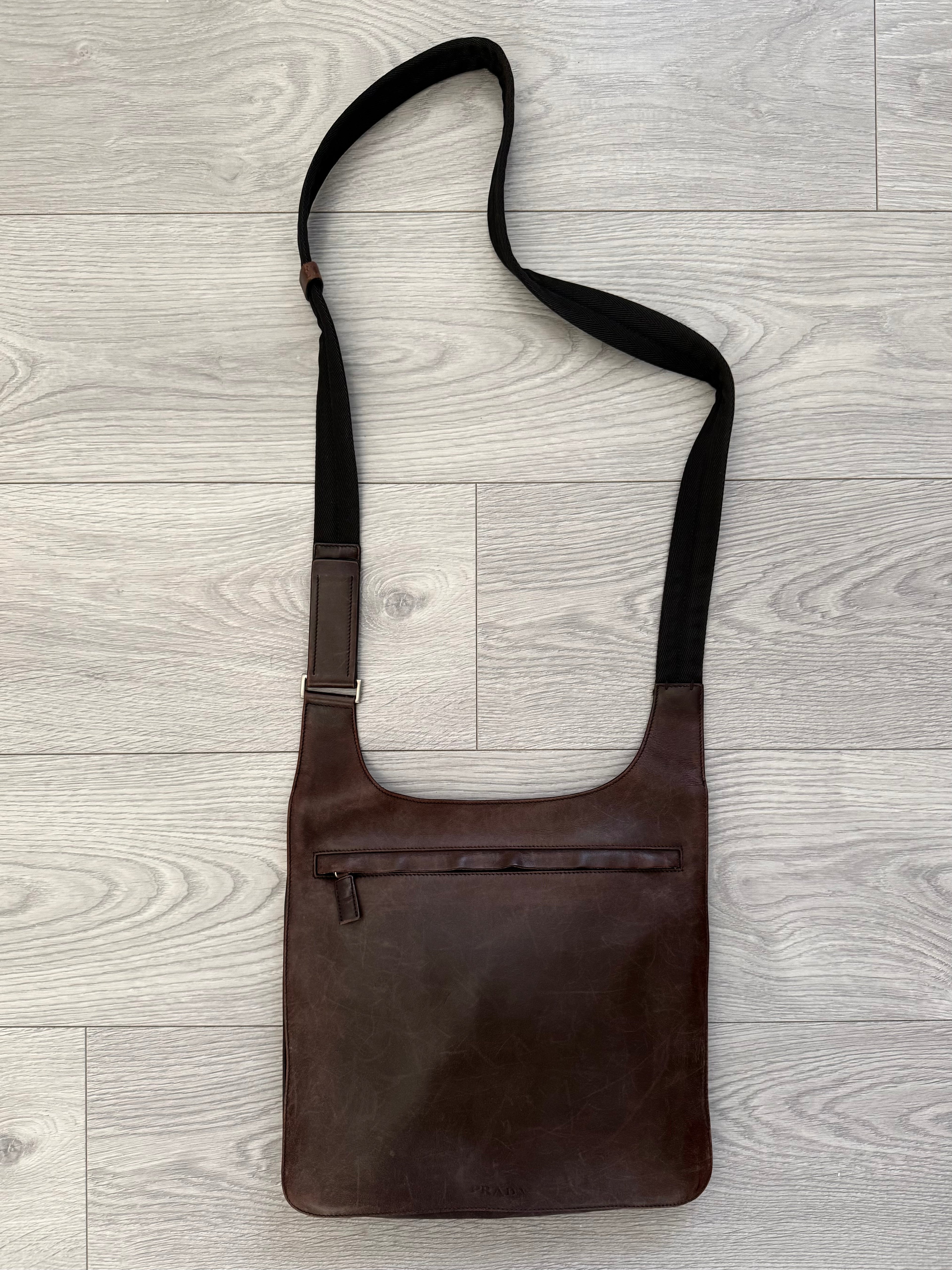 Prada Mainline 1990s Tobacco Brown Aged Leather Crossbody Bag