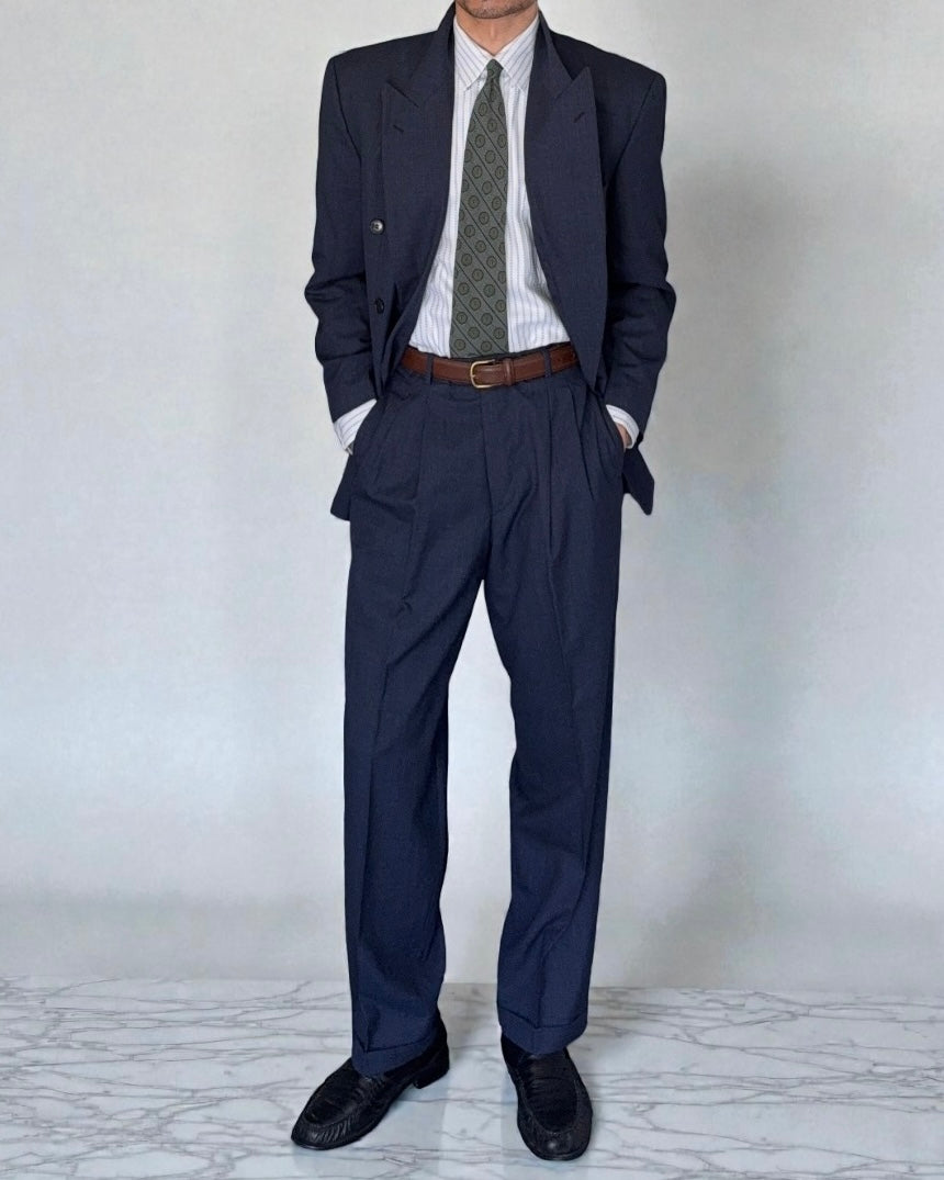 Hugo Boss 1980s 'Al Capone' Double Breasted Pleated Blue Wool Suit - Size M Jacket / 30" Waist