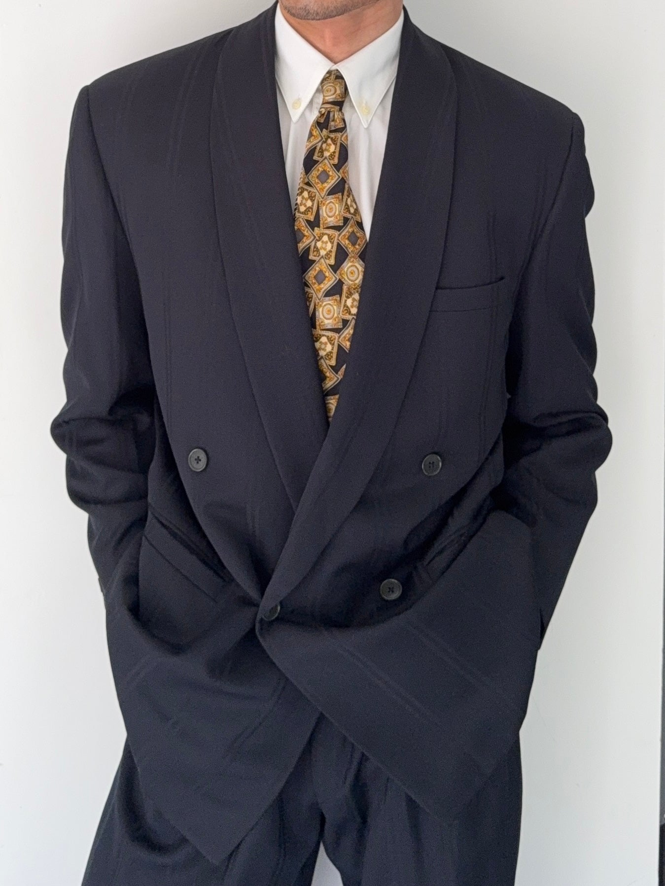 Versace 1980s Shawl Lapel Double Breasted Pleated Wool Striped Suit - Size M Jacket / 30" Waist