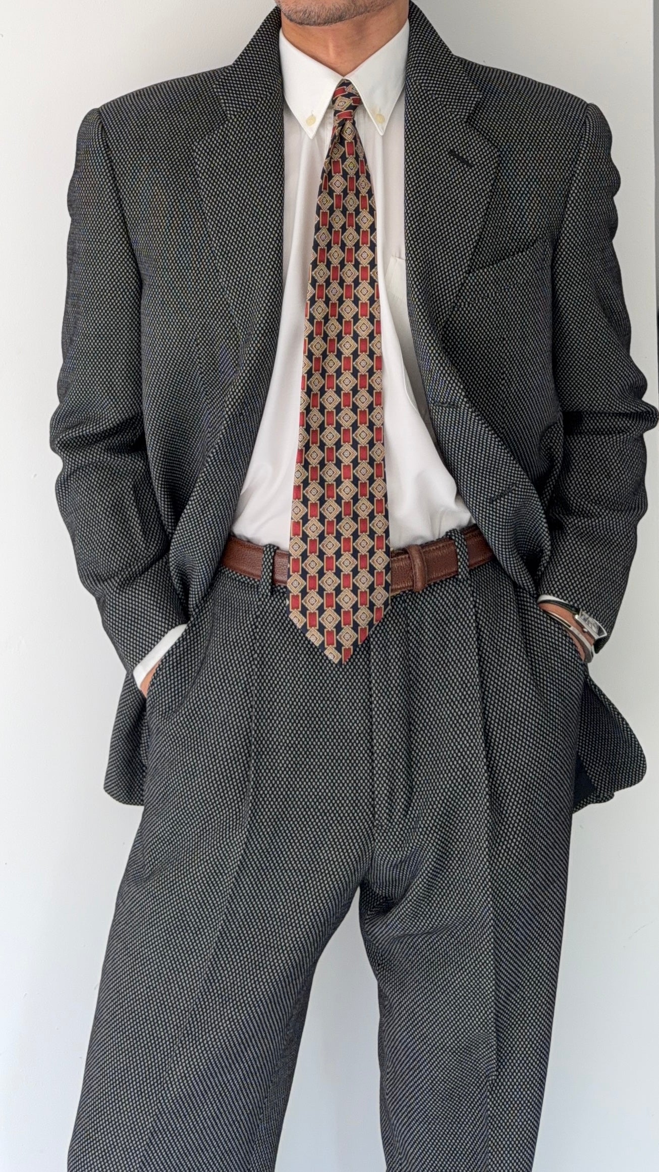 Armani 1990s 3B Textured Pleated Wool Suit  - Size M Jacket / 32" Waist
