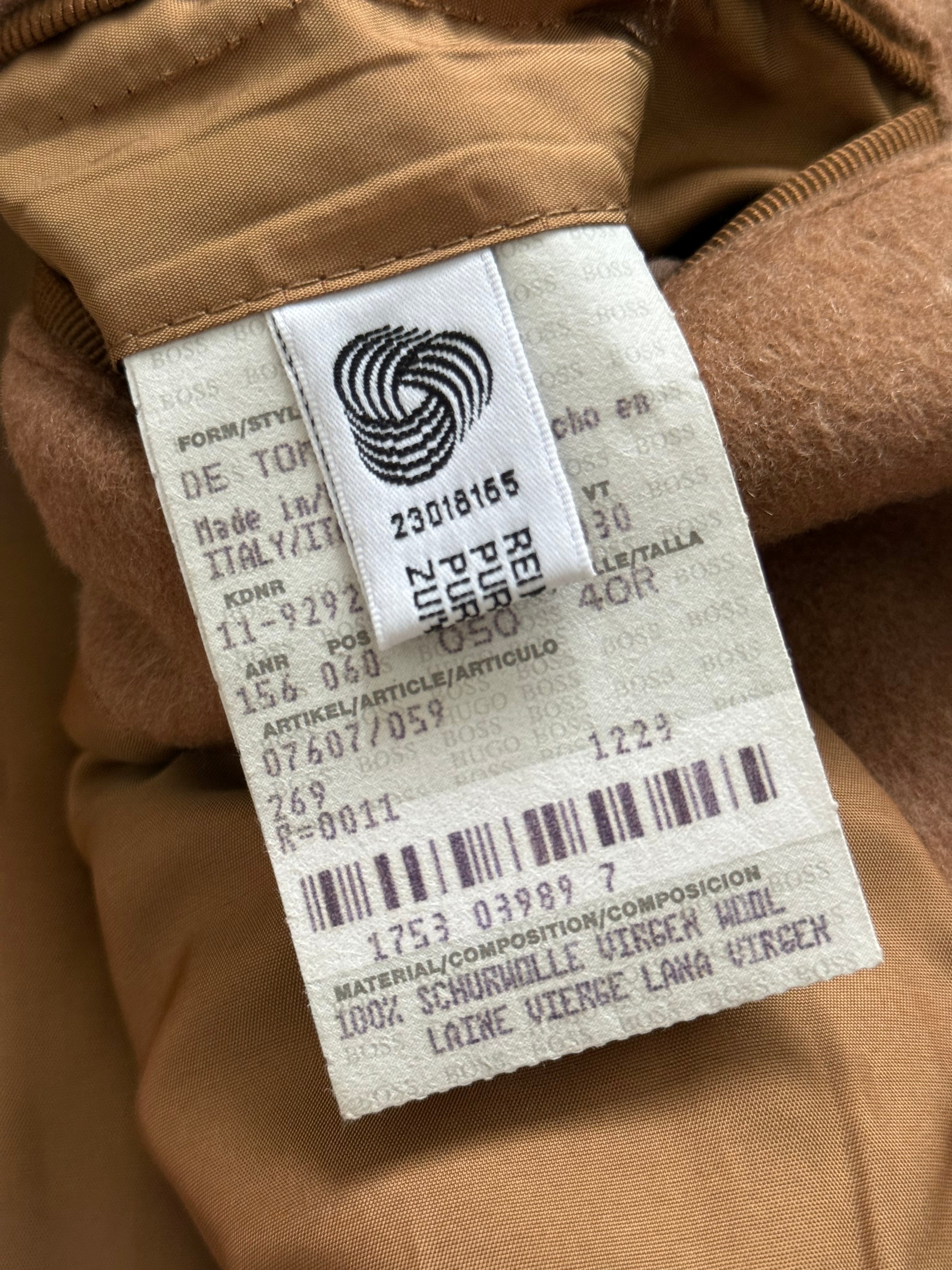 Hugo Boss 1980s Camel Brown Long Wool Overcoat Made in Italy - Size L