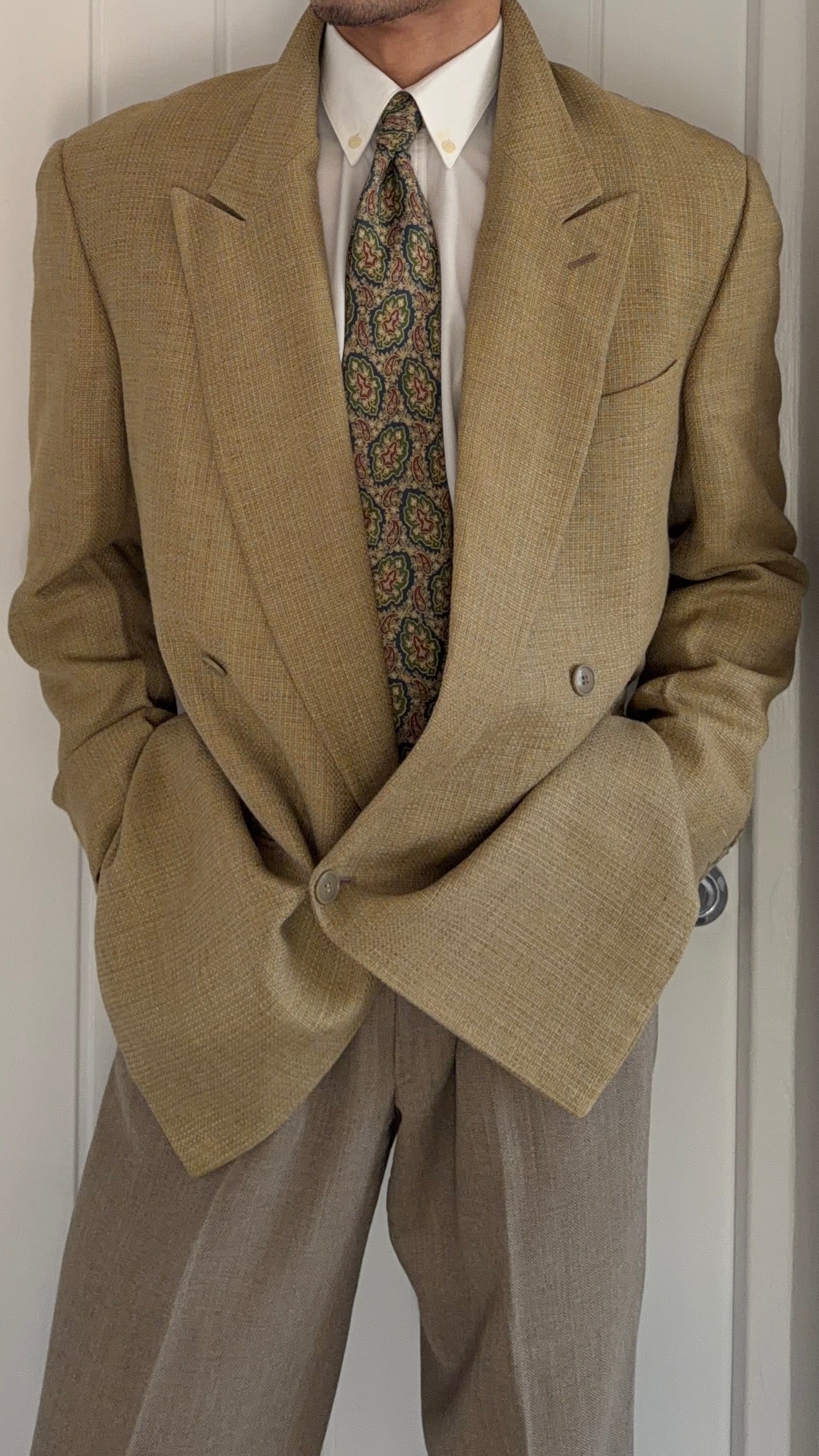 ひ*様 90s EMPORIO ARMANI rayon tailoredjac Emporio Armani 1990s Peaked Lapel Double Breasted Textured Linen