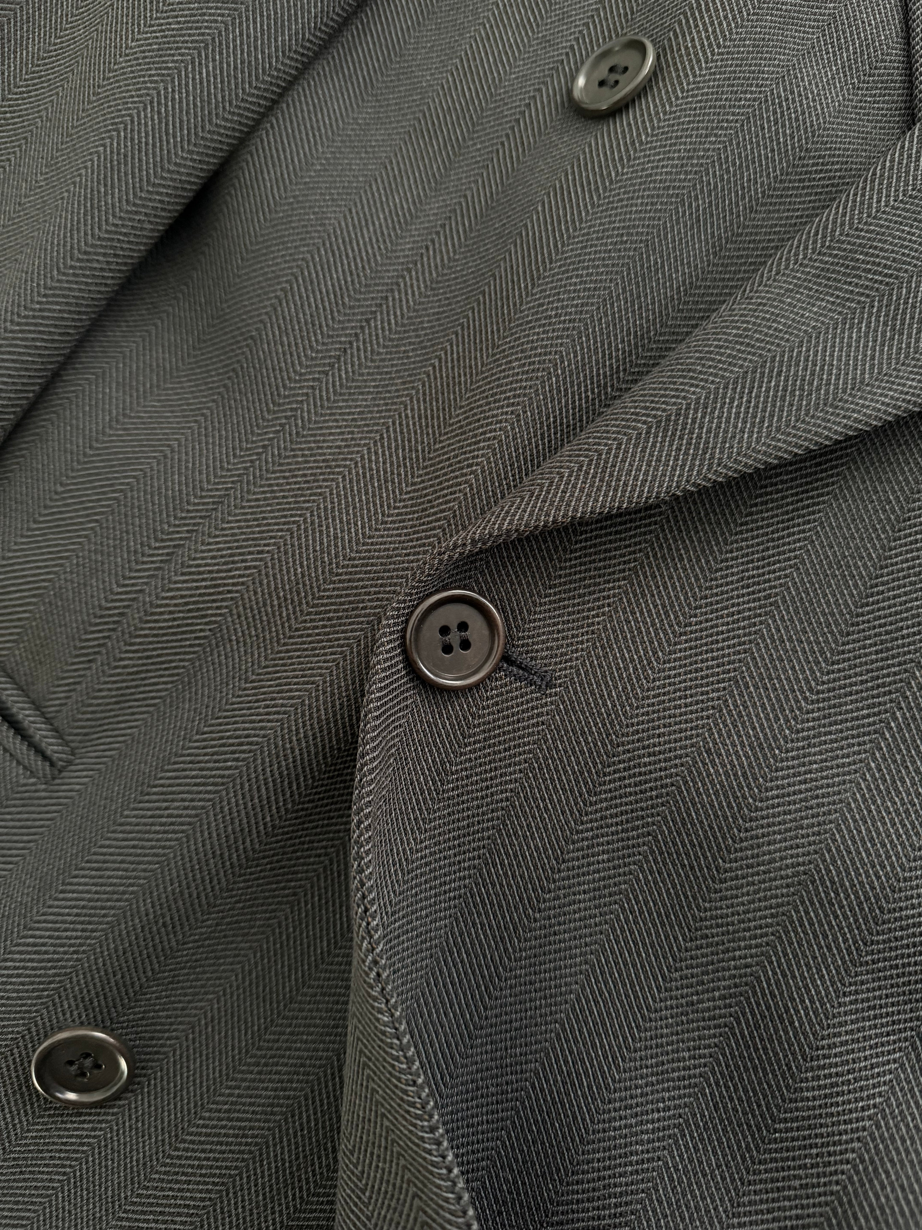 Hugo Boss 1980s 'Omega' Peaked Lapel Double Breasted Pleated Wool Herringbone Suit Grey - Size M Jacket / 32" Waist