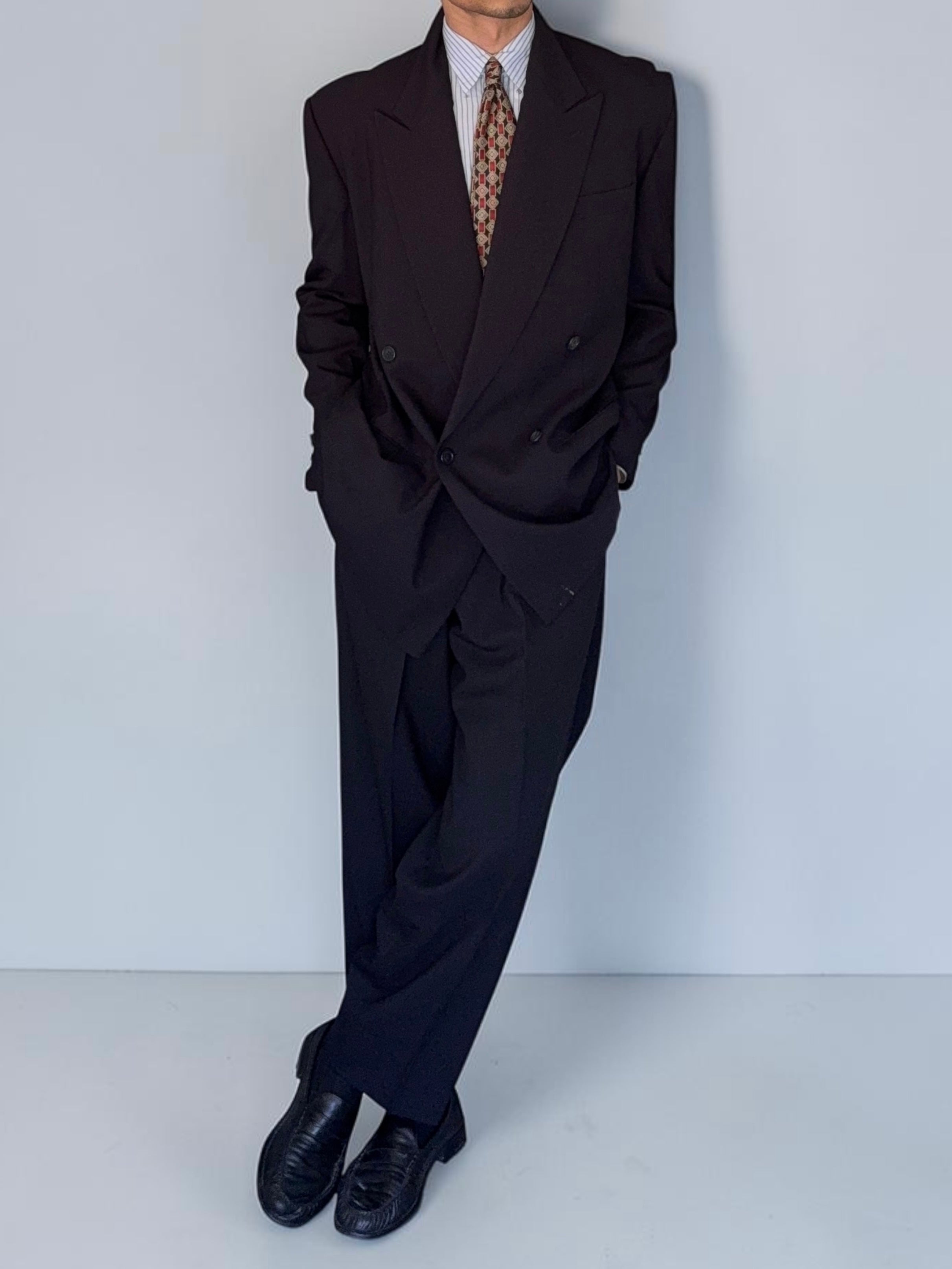 Giorgio Armani 1980s Peaked Lapel Double Breasted Wool Suit Navy