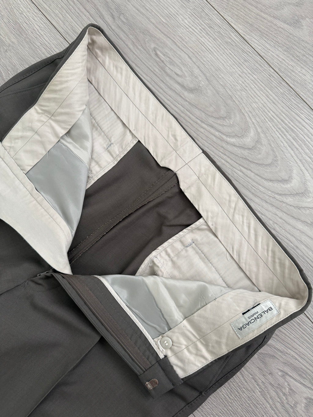 Balenciaga 1990s Peaked Lapel Double Breasted Metal Button Wool Khaki Suit - Size M Jacket / 36" Waist