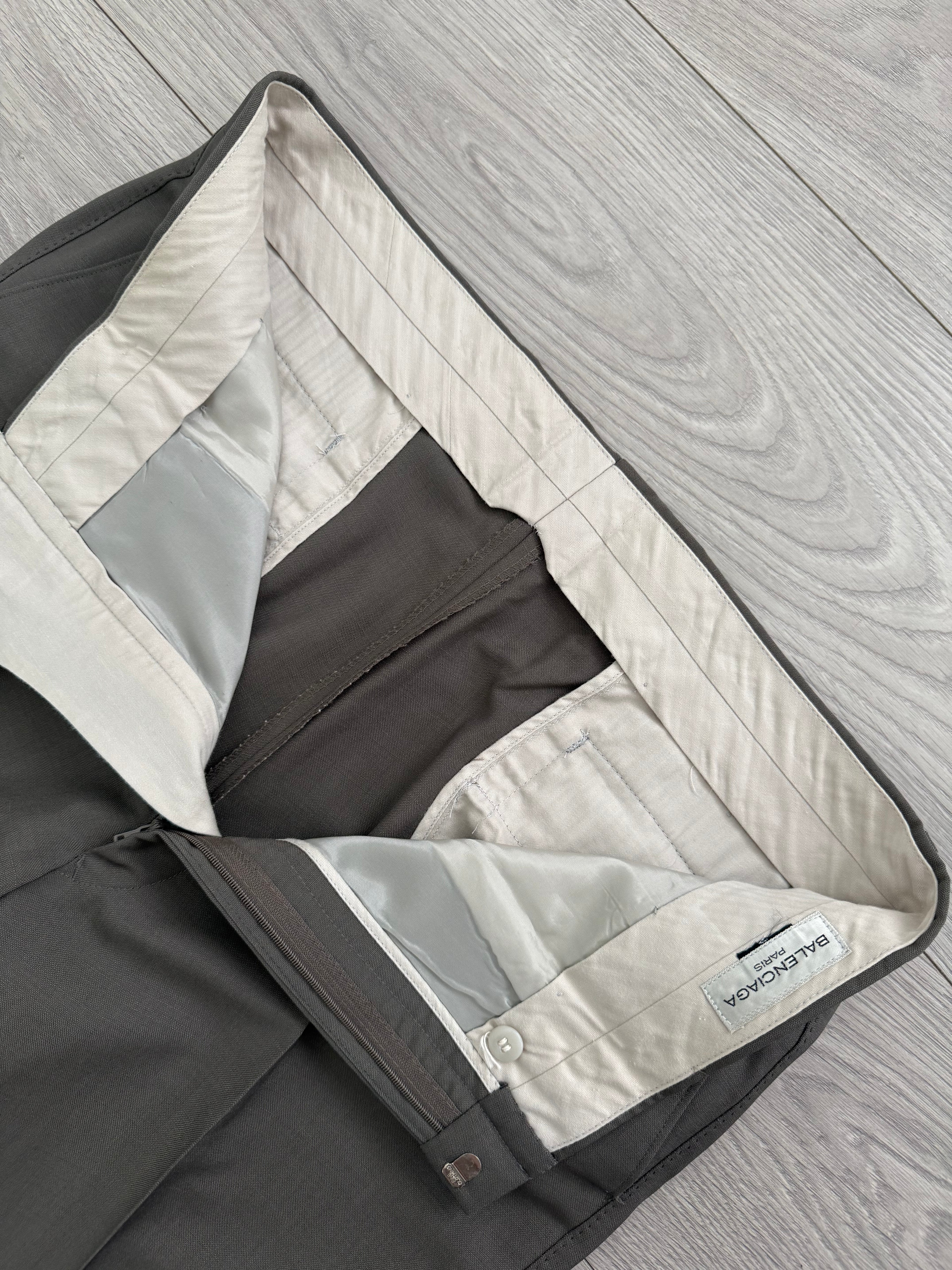 Balenciaga 1990s Peaked Lapel Double Breasted Metal Button Wool Khaki Suit - Size M Jacket / 36" Waist
