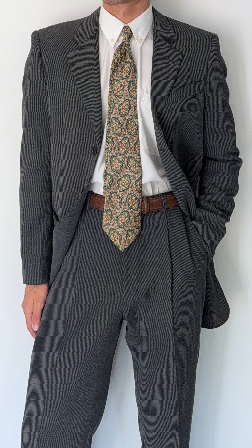 Armani 1990s 3B Twill Wool Cotton Pleated Grey Suit - Size S Jacket / 30" Waist