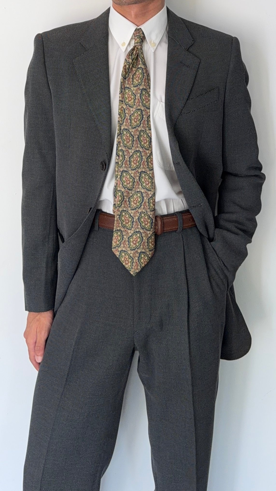 Armani 1990s 3B Twill Wool Cotton Pleated Grey Suit - Size S Jacket / 30" Waist