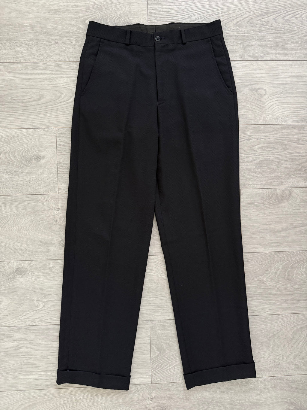 Emporio Armani 1990s 6B Peaked Lapel Double Breasted Herringbone Wool Suit Navy - Size S Jacket / 30" Waist