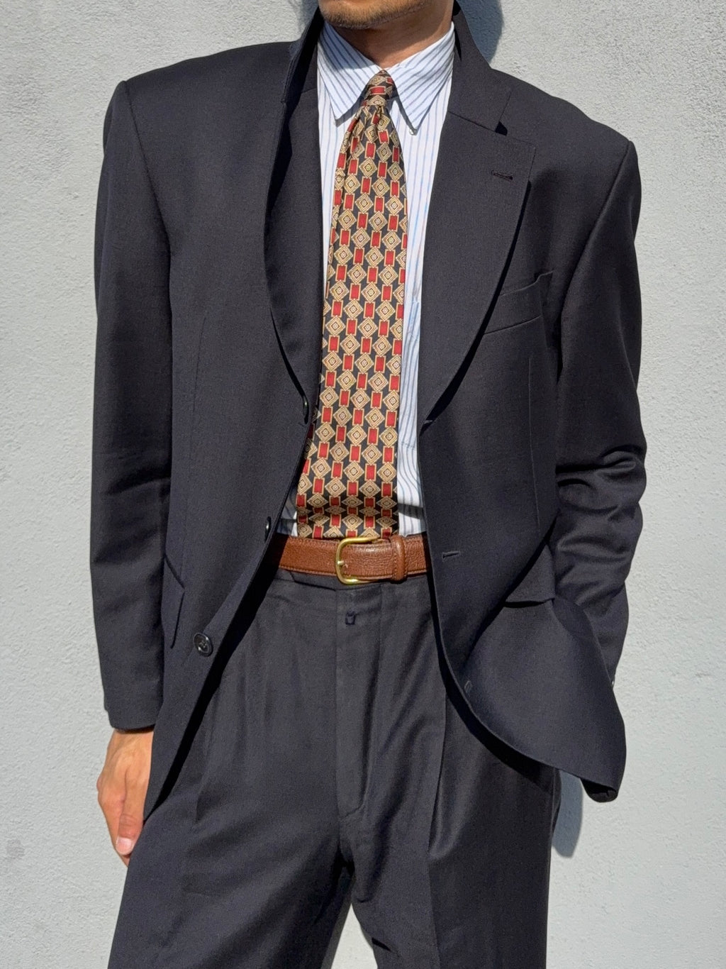 Hugo Boss 1980s 'Posseiden' 3B Super 100s Navy Wool Pleated Suit - Size M Jacket / 31" Waist