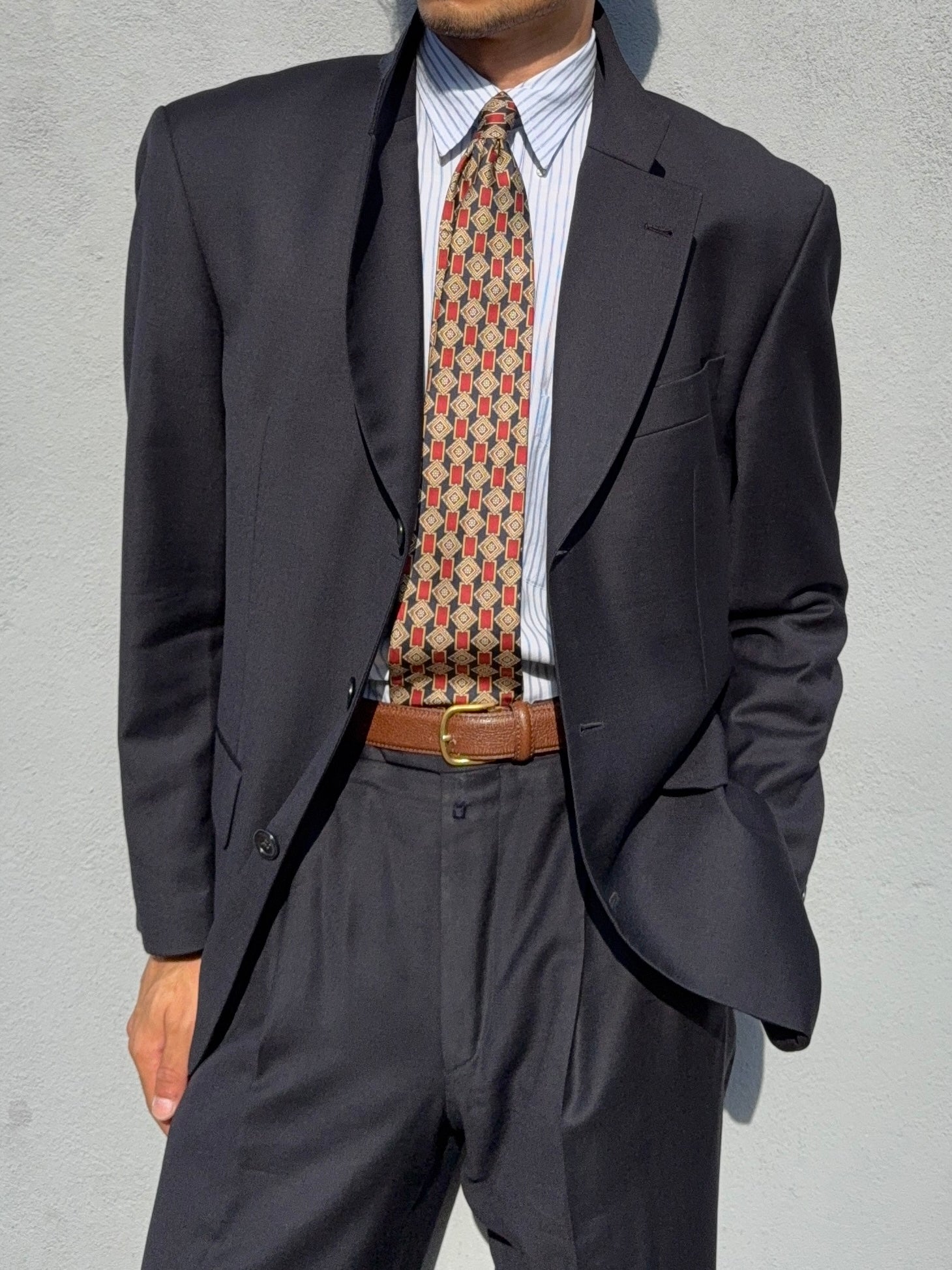 Hugo Boss 1980s 'Posseiden' 3B Super 100s Navy Wool Pleated Suit - Size M Jacket / 31" Waist