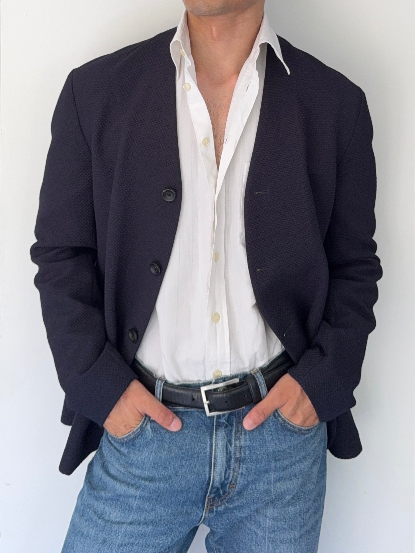 Armani 2000s Collarless Textured Sports Jacket Blazer - Size L