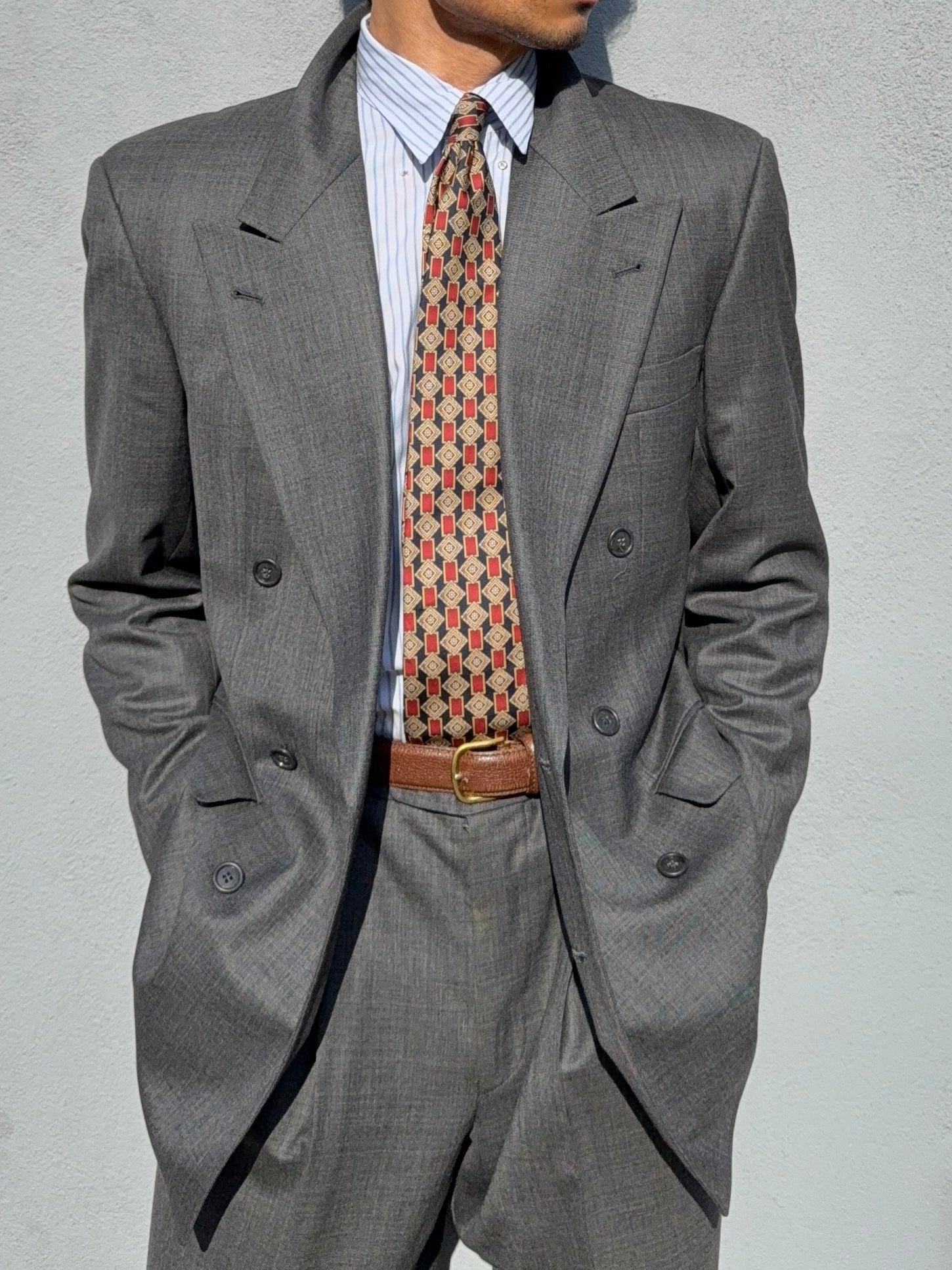 Hugo Boss 1980s 'Bassini Chicago' Peaked Lapel Double Breasted Pleated Wool Cashmere Suit - Size S Jacket / 30" Waist