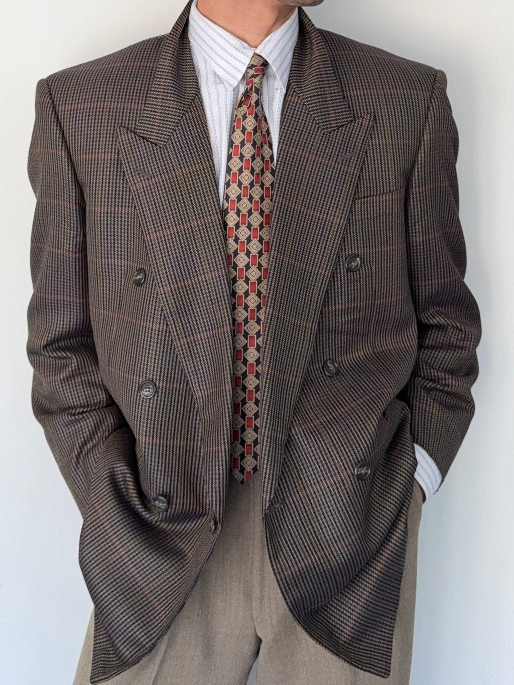 Givenchy 1980s Wool Check Peaked Lapel Double Breasted Sports Jacket Blazer - Size XL
