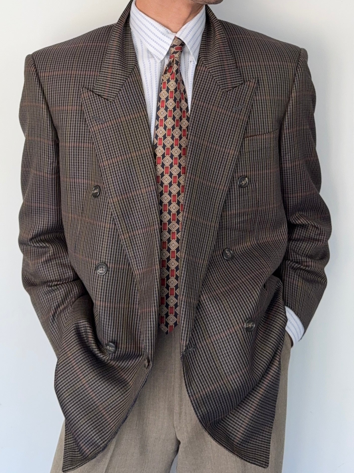 Givenchy 1980s Wool Check Peaked Lapel Double Breasted Sports Jacket Blazer - Size XL
