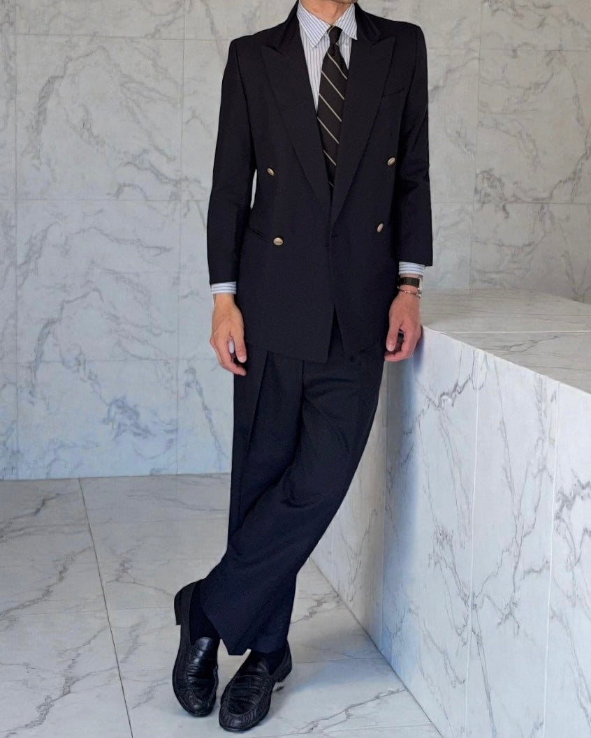 Burberry 1980s Peaked Lapel Double Breasted Pleated Wool Suit Navy - Size S Jacket / 32" Waist