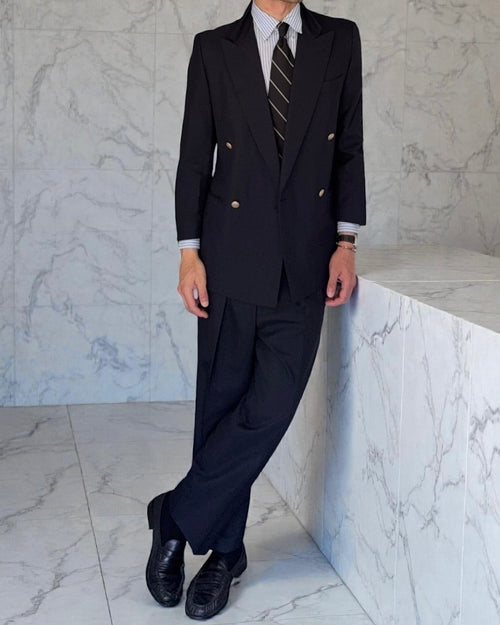Burberry 1980s Peaked Lapel Double Breasted Pleated Wool Suit Navy - Size S Jacket / 32" Waist