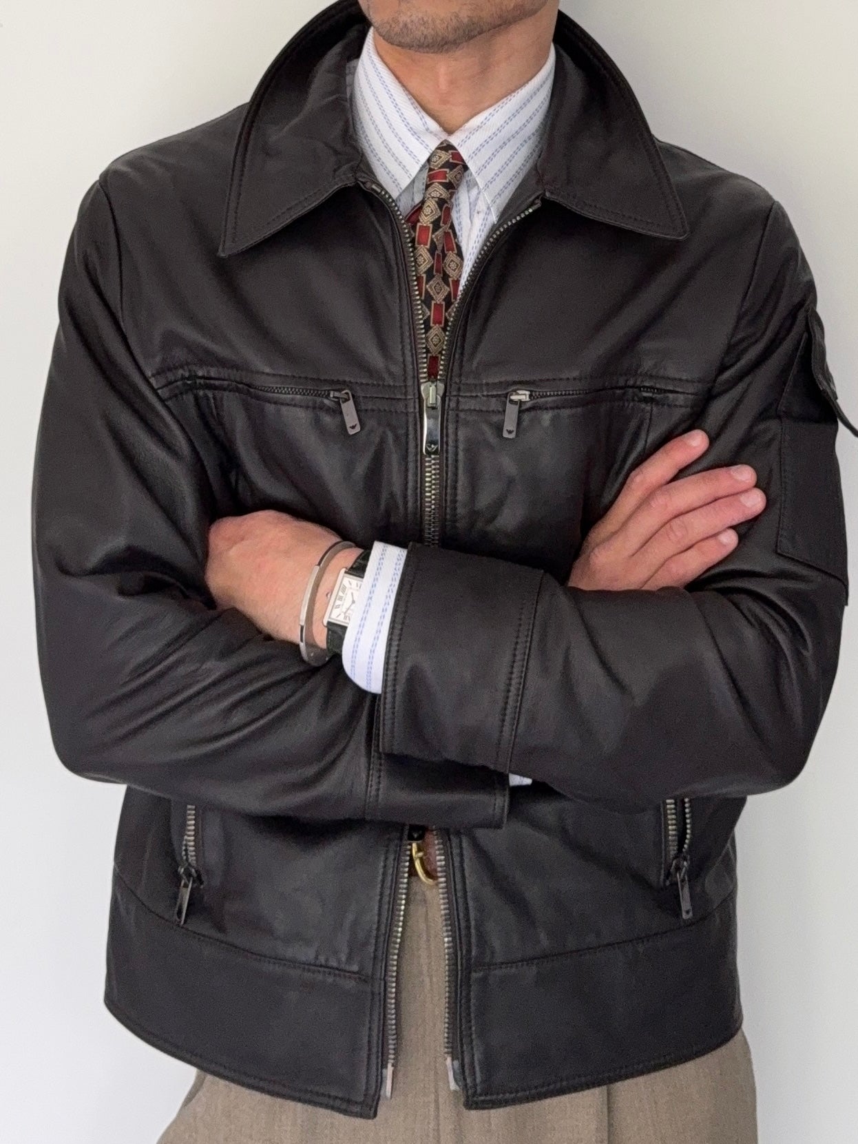 Armani 2004 Aged Leather Effect Snap-Front Jacket - Size XL