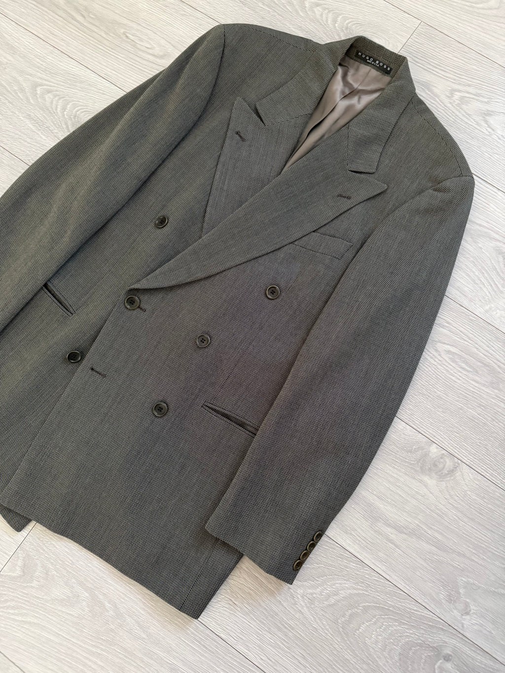 Hugo Boss 1980s 'Omega' Peaked Lapel Double Breasted Textured Wool Sports Jacket Blazer - Size L