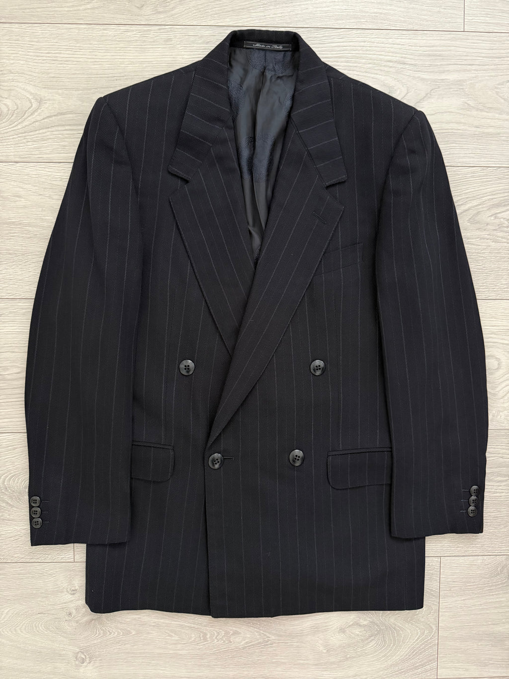 Versace 1980s Notch Lapel Double Breasted Pleated Wool Striped Suit - Size S Jacket / 32" Waist