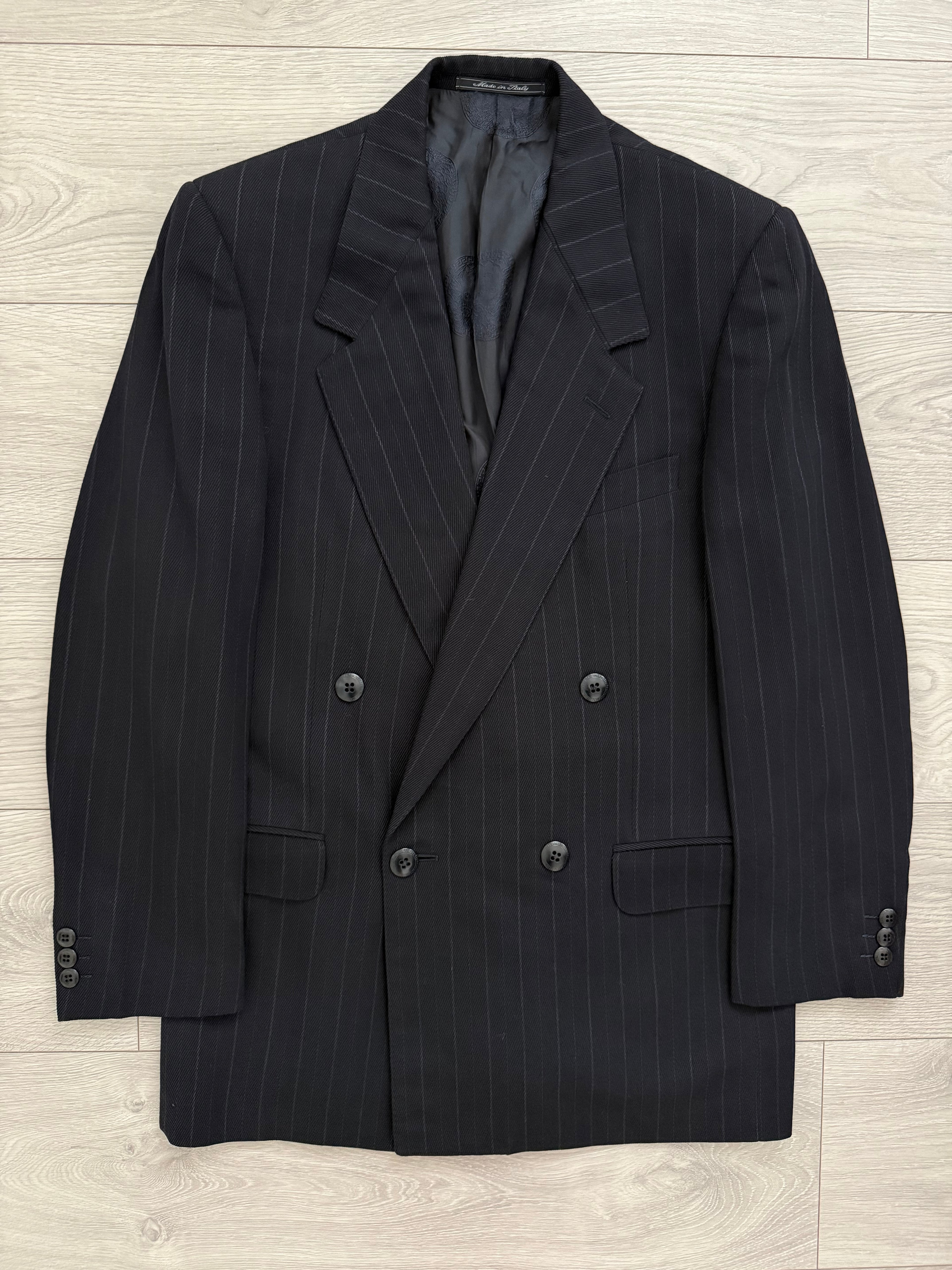 Versace 1980s Notch Lapel Double Breasted Pleated Wool Striped Suit - Size S Jacket / 32" Waist