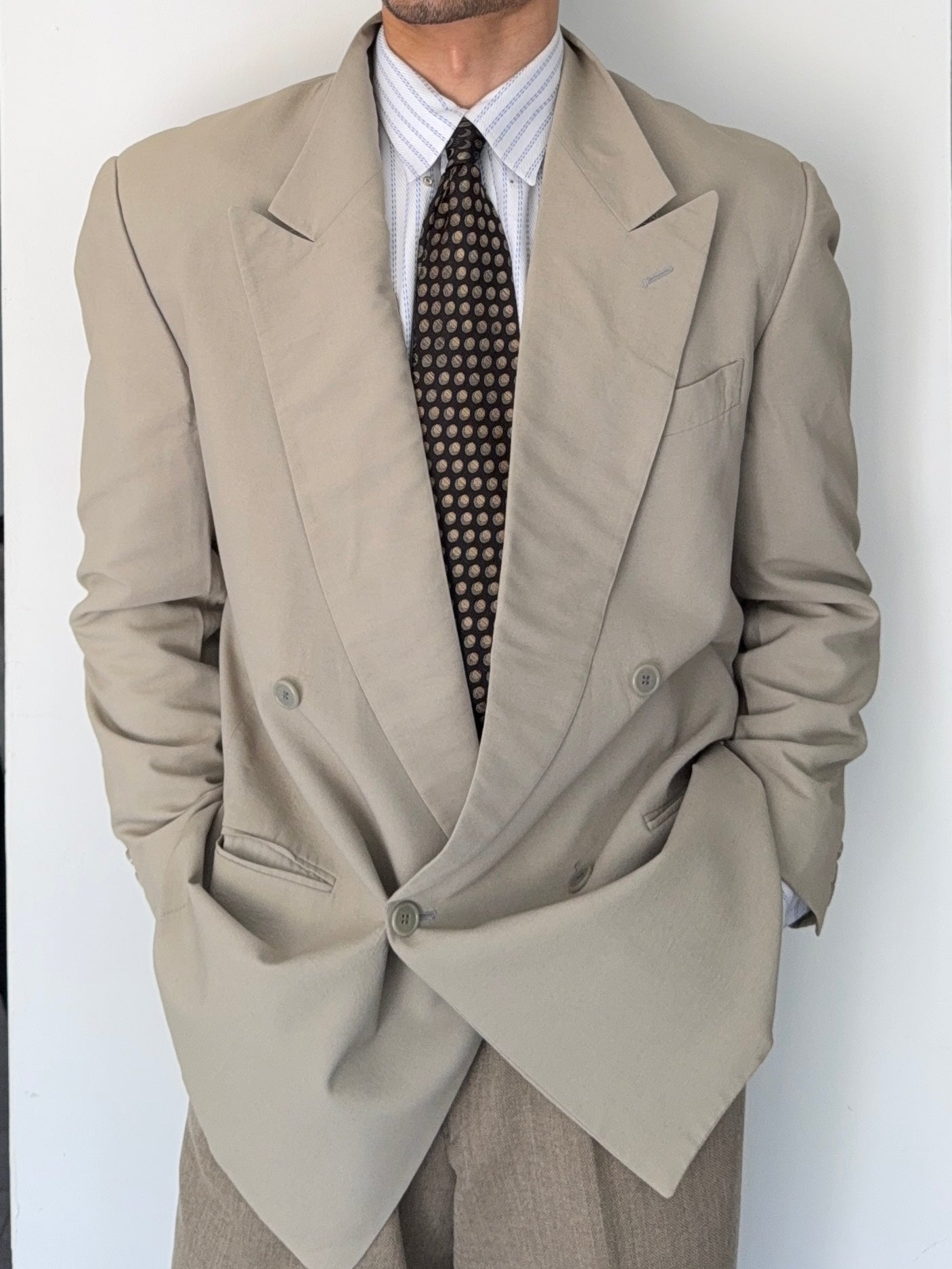 Emporio Armani 1990s Peaked Lapel Double Breasted Taupe Grey Sports Jacket Blazer - Size L