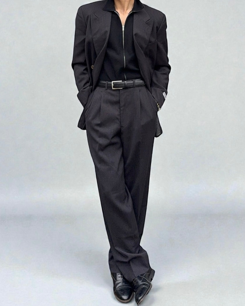 Giorgio Armani 1980s Double Breasted Pleated Wool Suit Espresso Charcoal New - Size L Jacket / 32" Waist