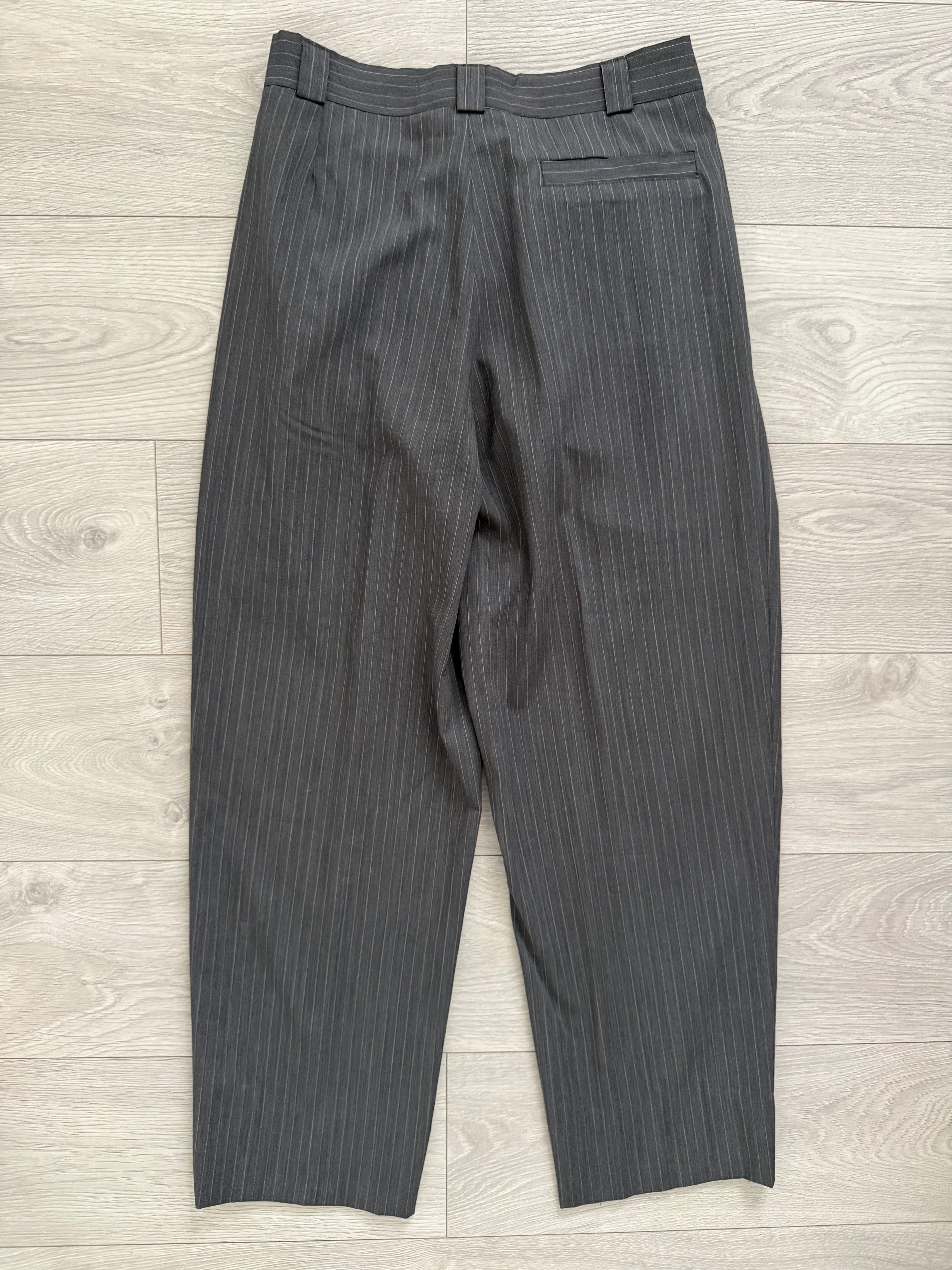 Versace 1980s Peaked Lapel Double Breasted Medusa Metal Button Triple Pleat Striped Wool Suit - Size S Jacket / 30" Waist