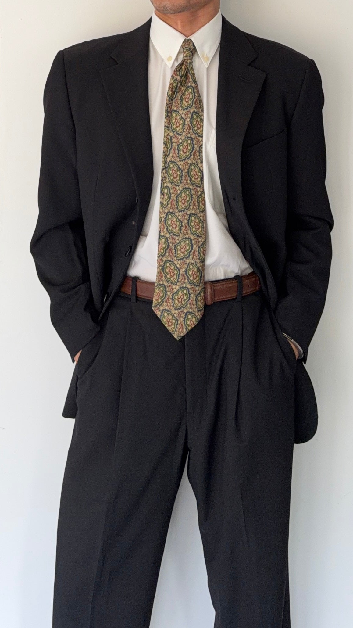 Armani 1990s Rolled 3B Textured Wool Dark Grey Suit - Size L Jacket / 34" Waist