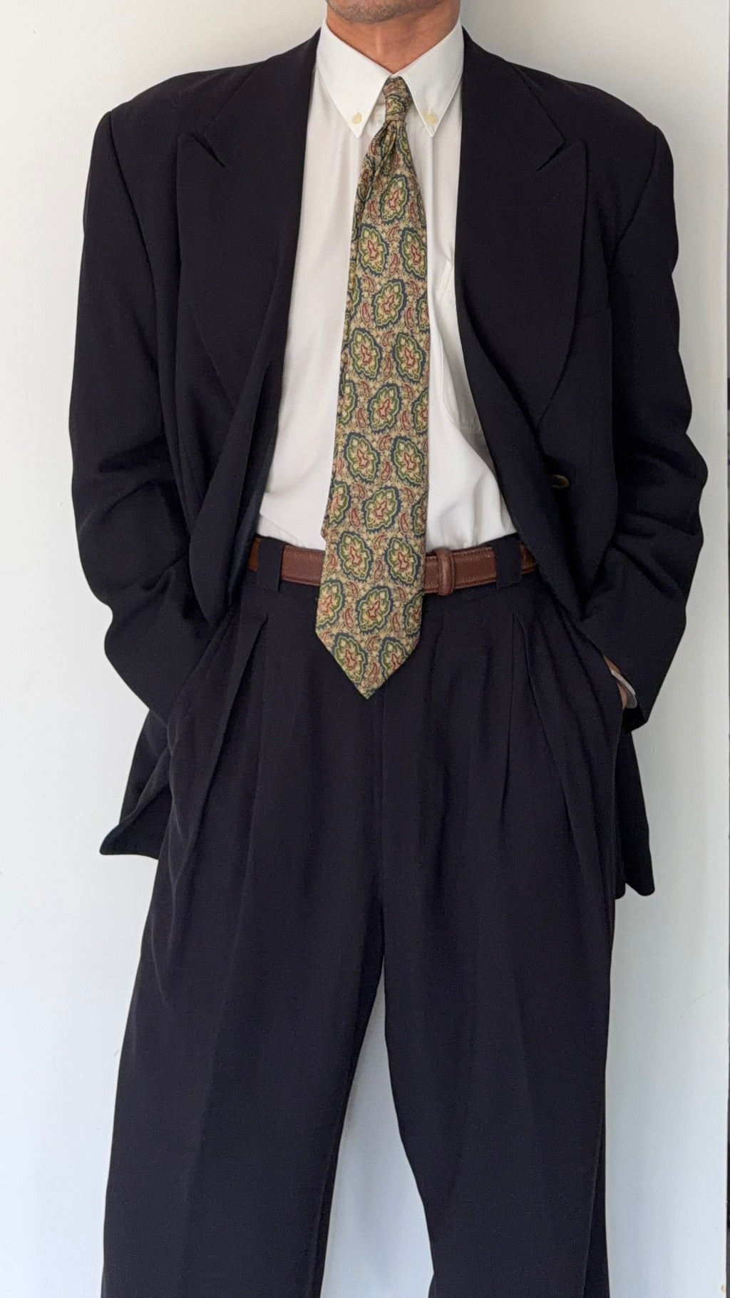 Giorgio Armani 1990s Black Label Peaked Lapel Double Breasted Navy Wool Pleated Draped Suit - Size L Jacket / 34" Waist