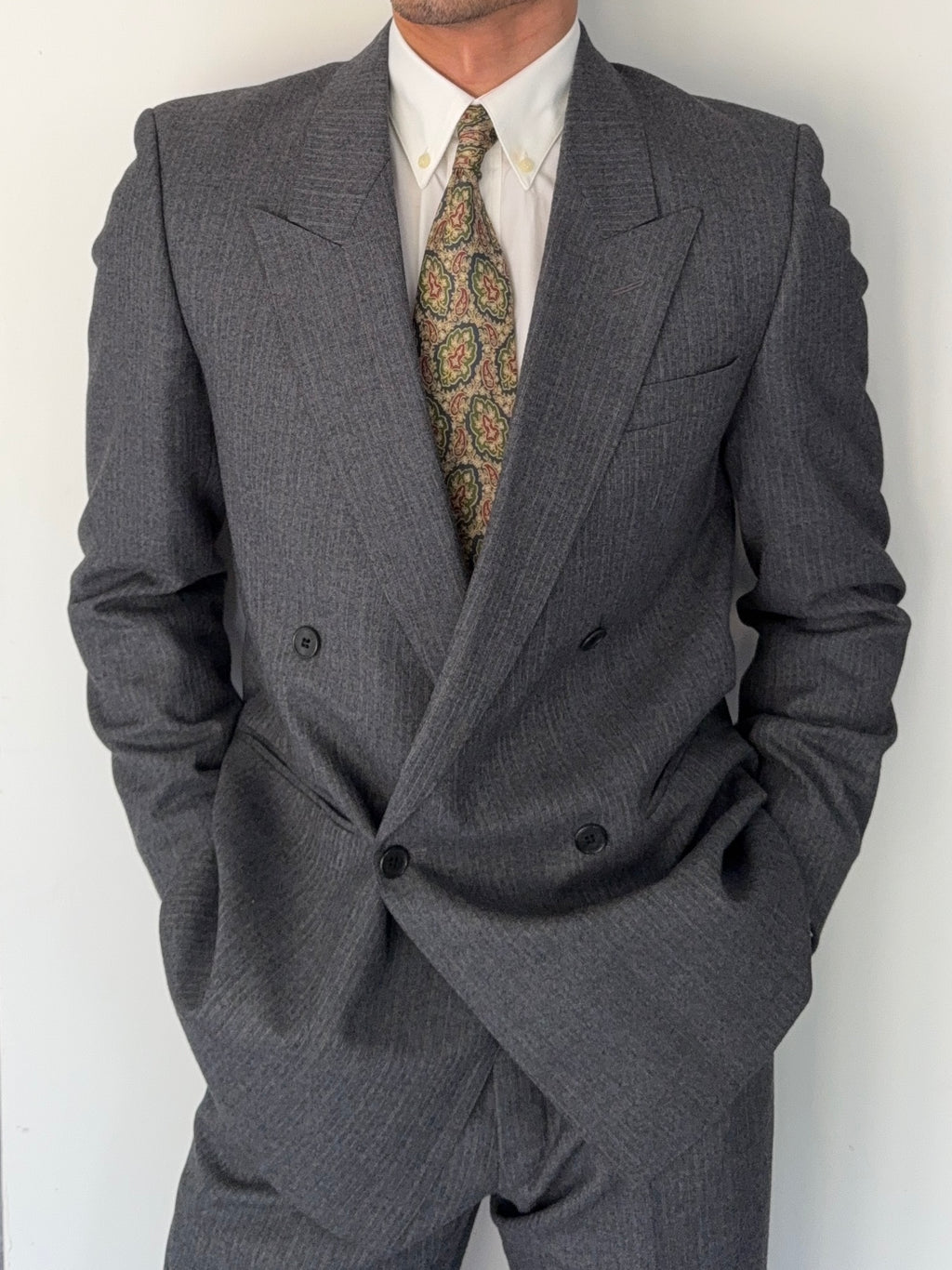 Vintage 1980s Peaked Lapel Double Breasted Pleated Wool Suit Grey Made in England - Size S Jacket / 30" Waist