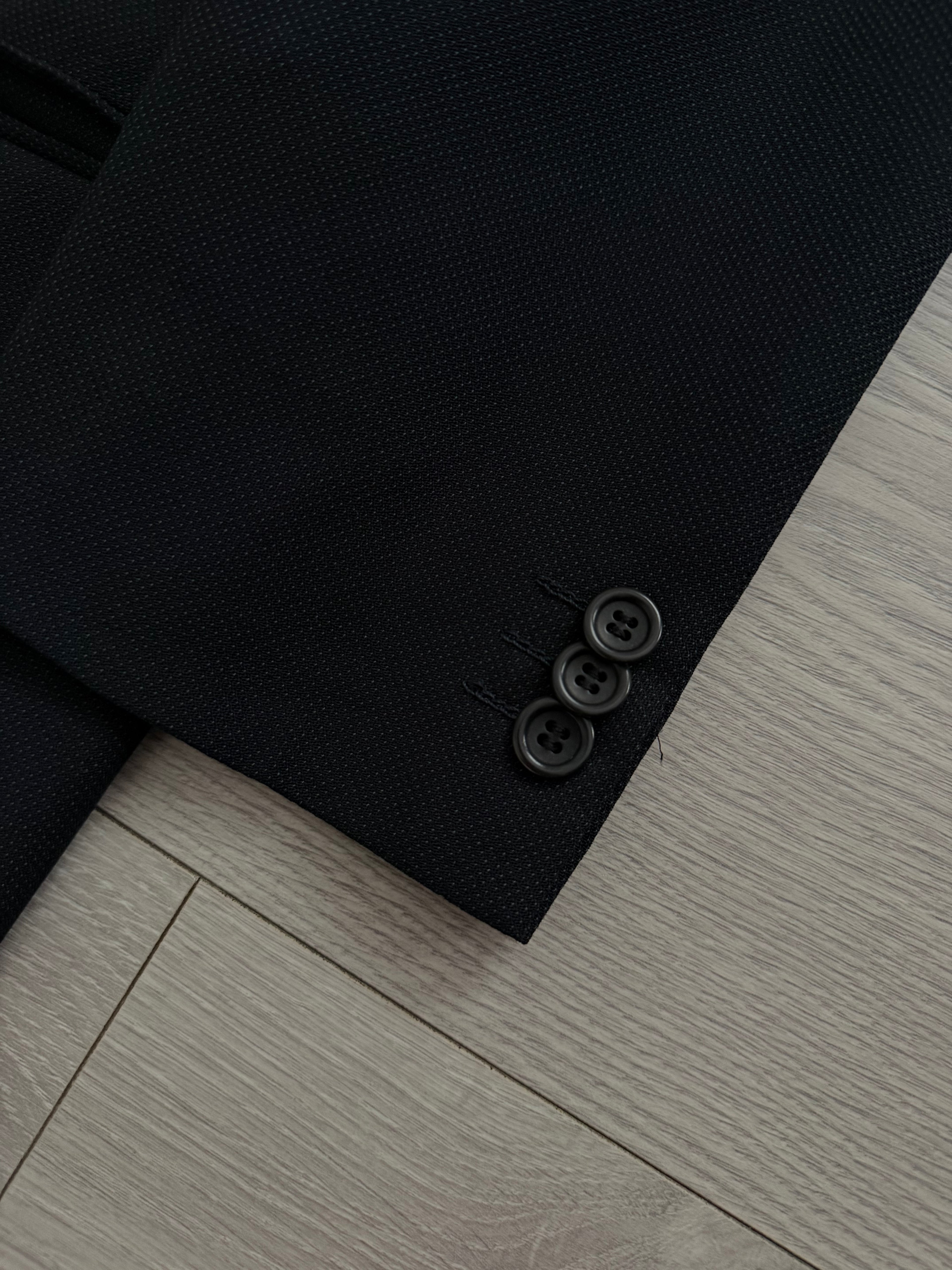 Armani 1990s Peaked Lapel Double Breasted Pleated Textured Wool Suit Black - Size S Jacket / 30" Waist