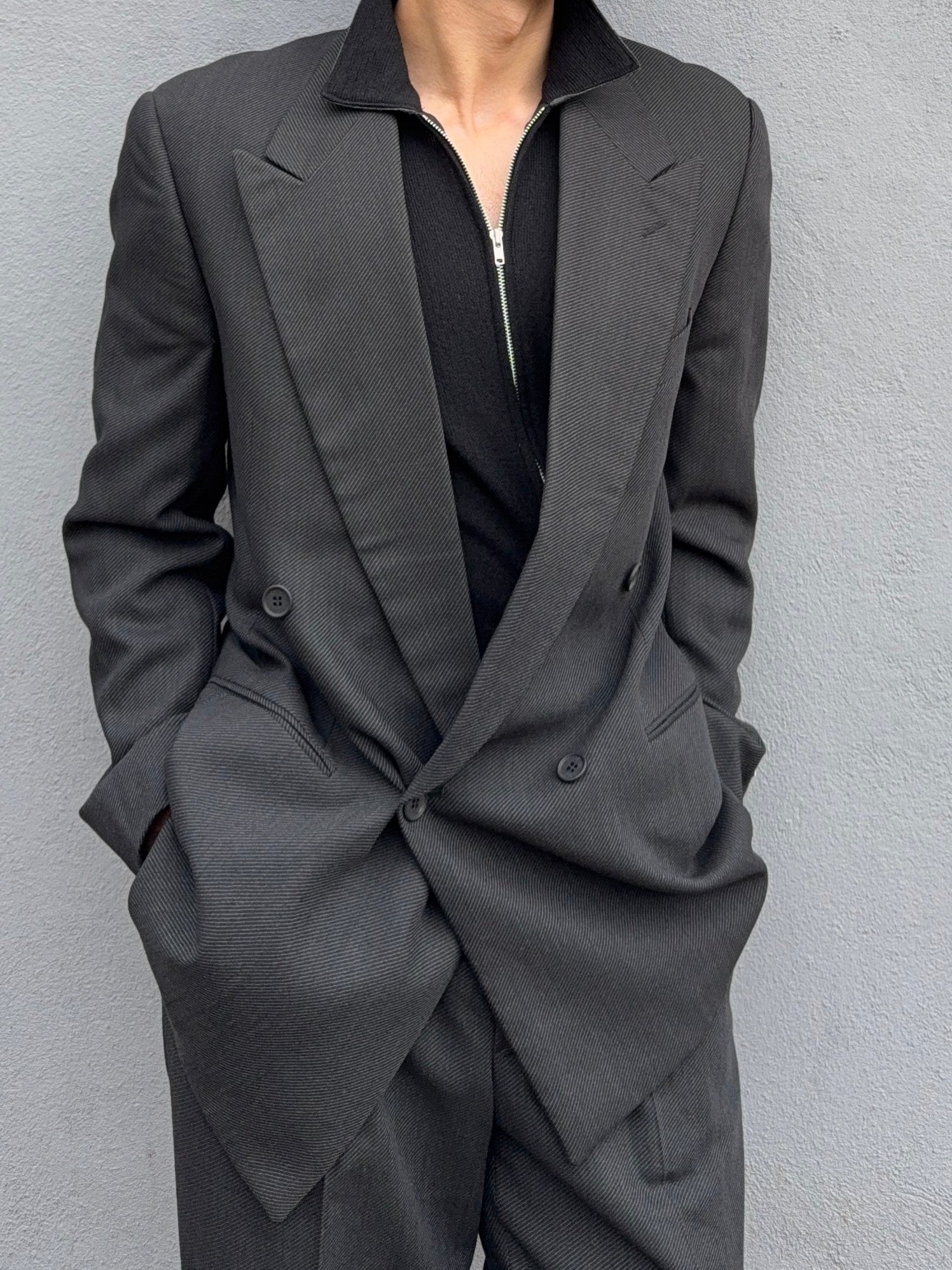 Giorgio Armani 1980s Double Breasted Pleated Wool Suit Charcoal Grey New - Size L Jacket / 32" Waist