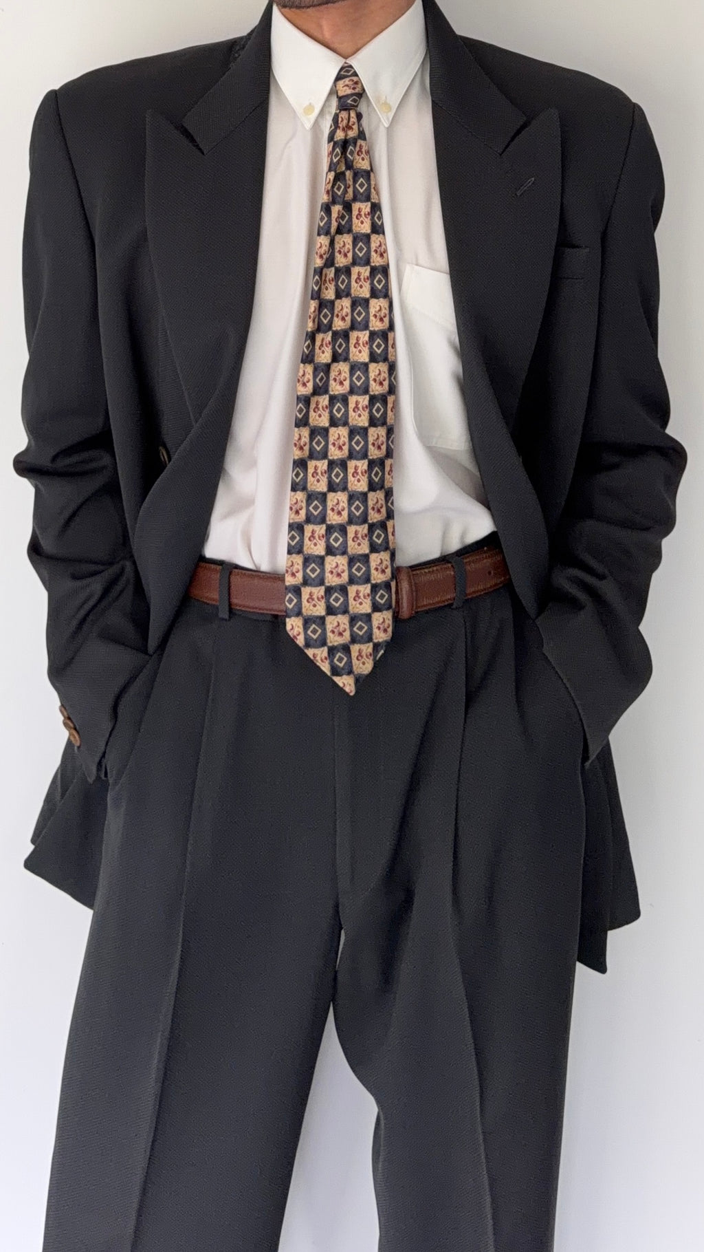 Armani 1990s Peaked Lapel Double Breasted Pleated Wool Silk Suit Dark Forest Green - Size L Jacket / 34" Waist