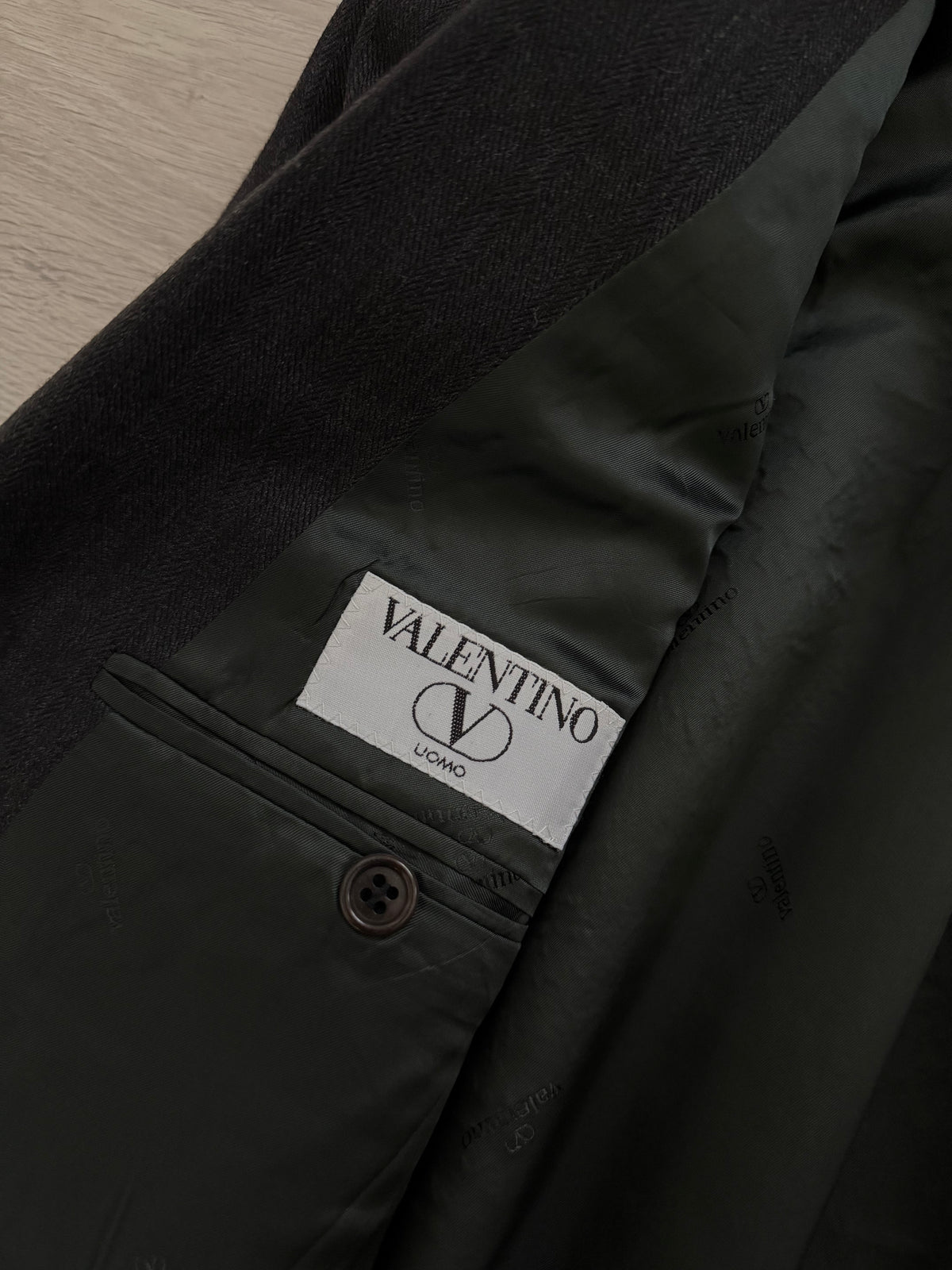 Valentino 1980s Peaked Lapel Double Breasted Wool Herringbone Grey Sport Jacket Blazer - Size L