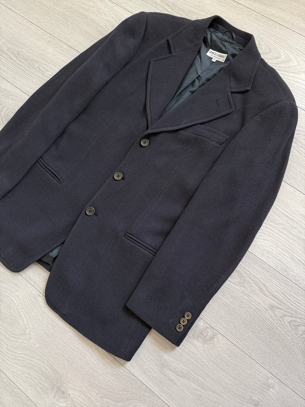 Giorgio Armani 1980s 3B Herringbone Wool Navy Sport Jacket Blazer - Size L