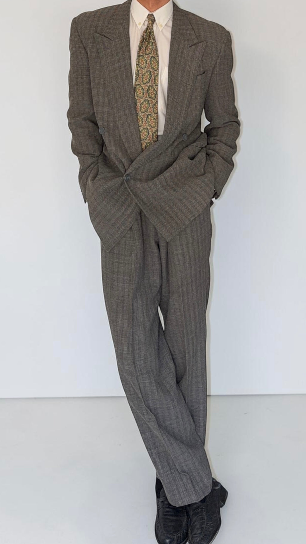 Emporio Armani 1980s Peaked Lapel Double Breasted Textured Wool Pleated Suit - Size S Jacket / 28" Waist