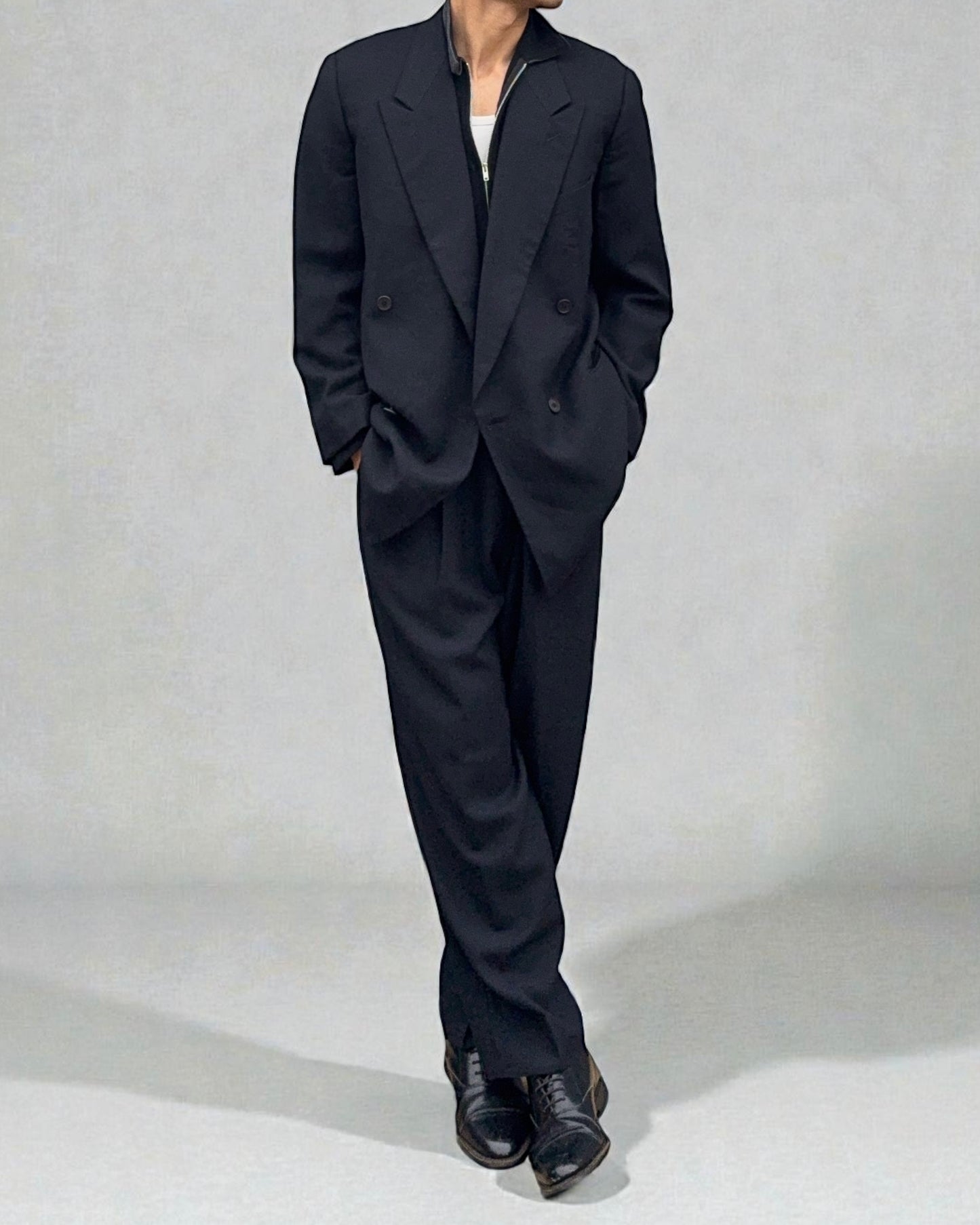 Giorgi Armani 1980s Pleated Double-Breasted Textured Suit - Size L Jacket / 34" Waist