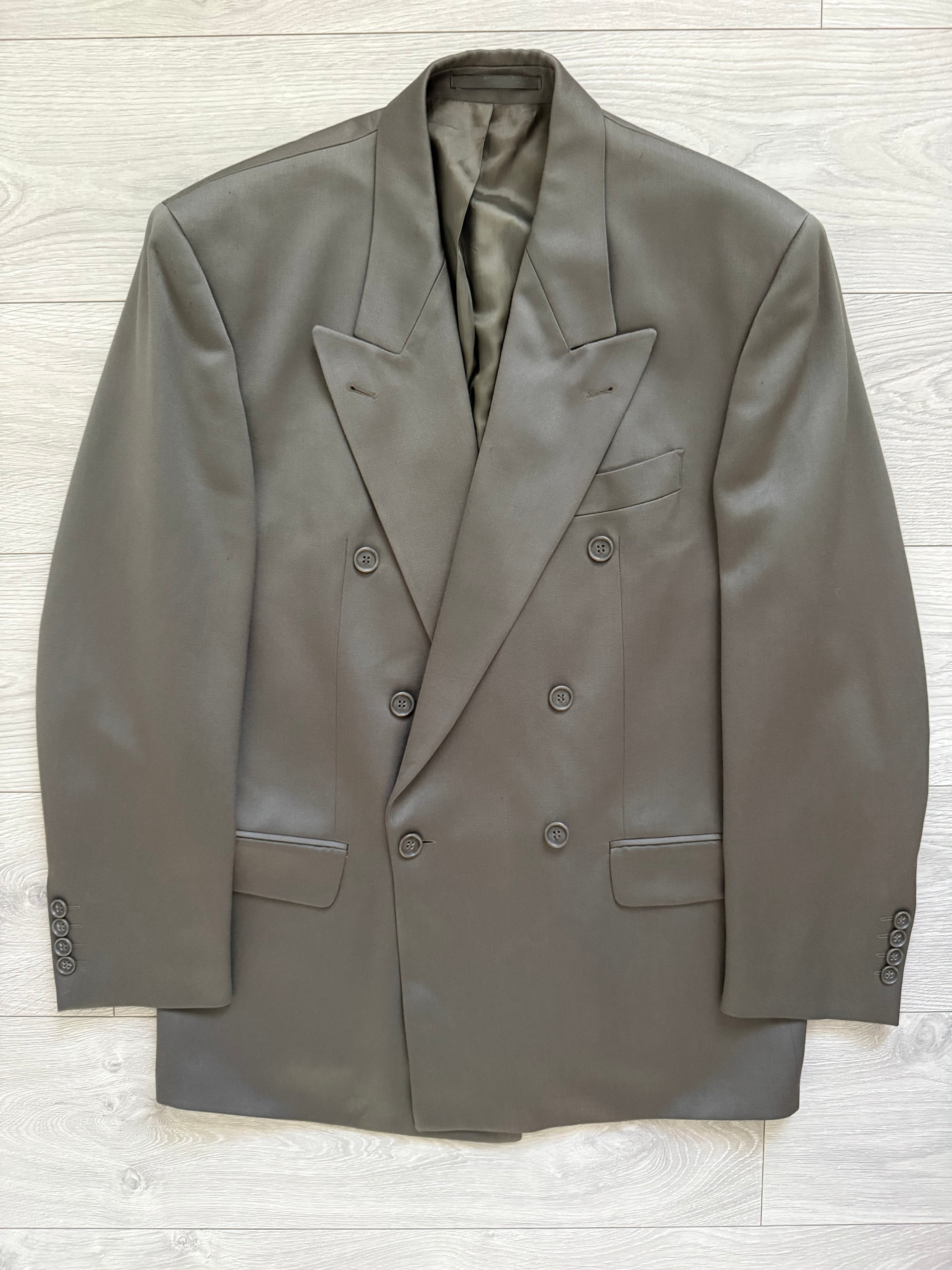 Hugo Boss 1980s 'Mitford' Peak Lapel Double Breasted Pleated Taupe Green Suit - Size L Jacket / 30" Waist